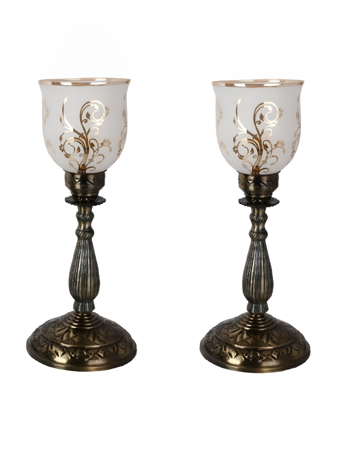 

1ST TIME White & GoldToned 2 Pieces Printed Glass Contemporary Bell Shaped Table Lamps