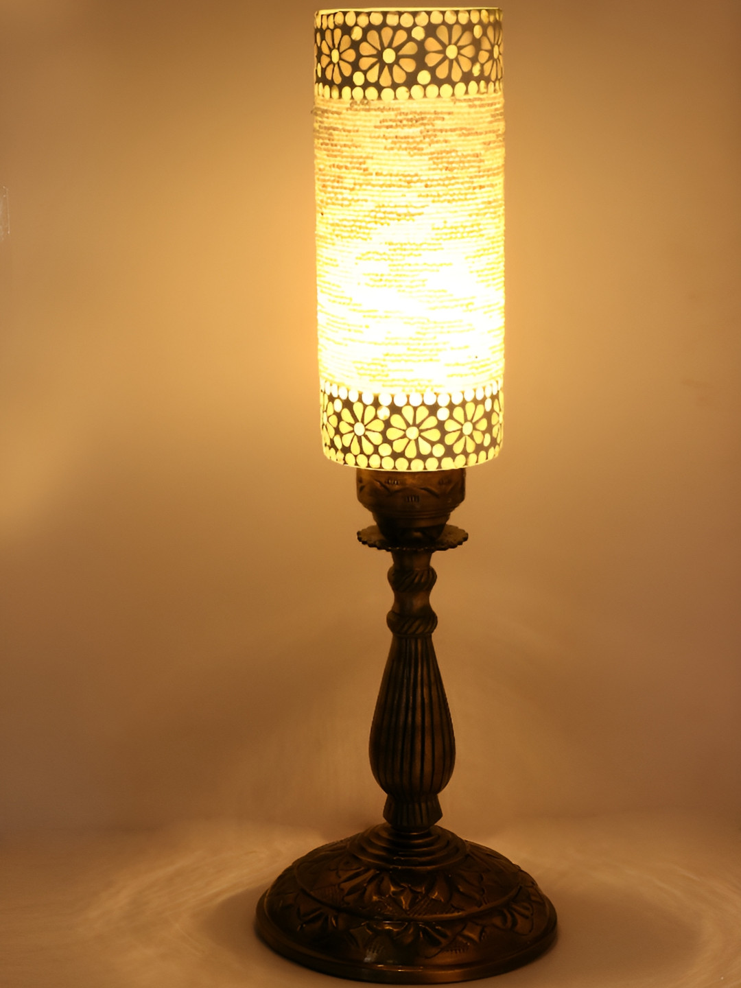 

1ST TIME White & Gold Toned Printed Traditional Cylindrical Shaped Table Lamp