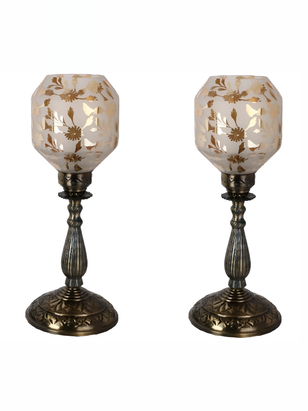 

1ST TIME White & Brown 2Pcs Printed Metal Traditional Abstract Shaped Table Lamps