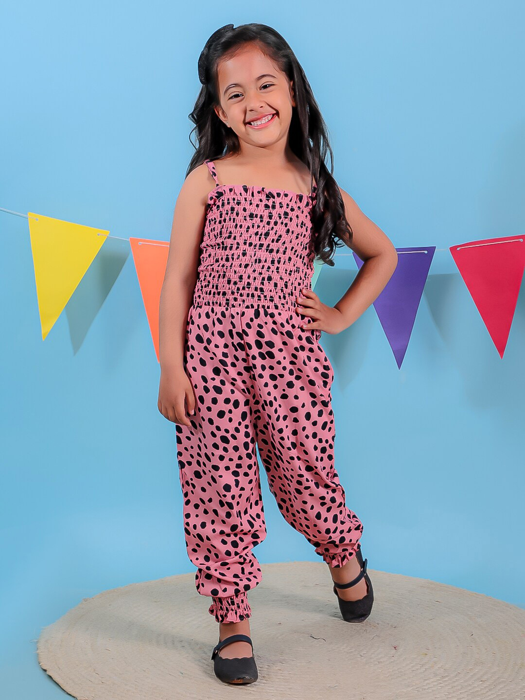 

Stuffie Land Girls Printed Basic Jumpsuit, Peach