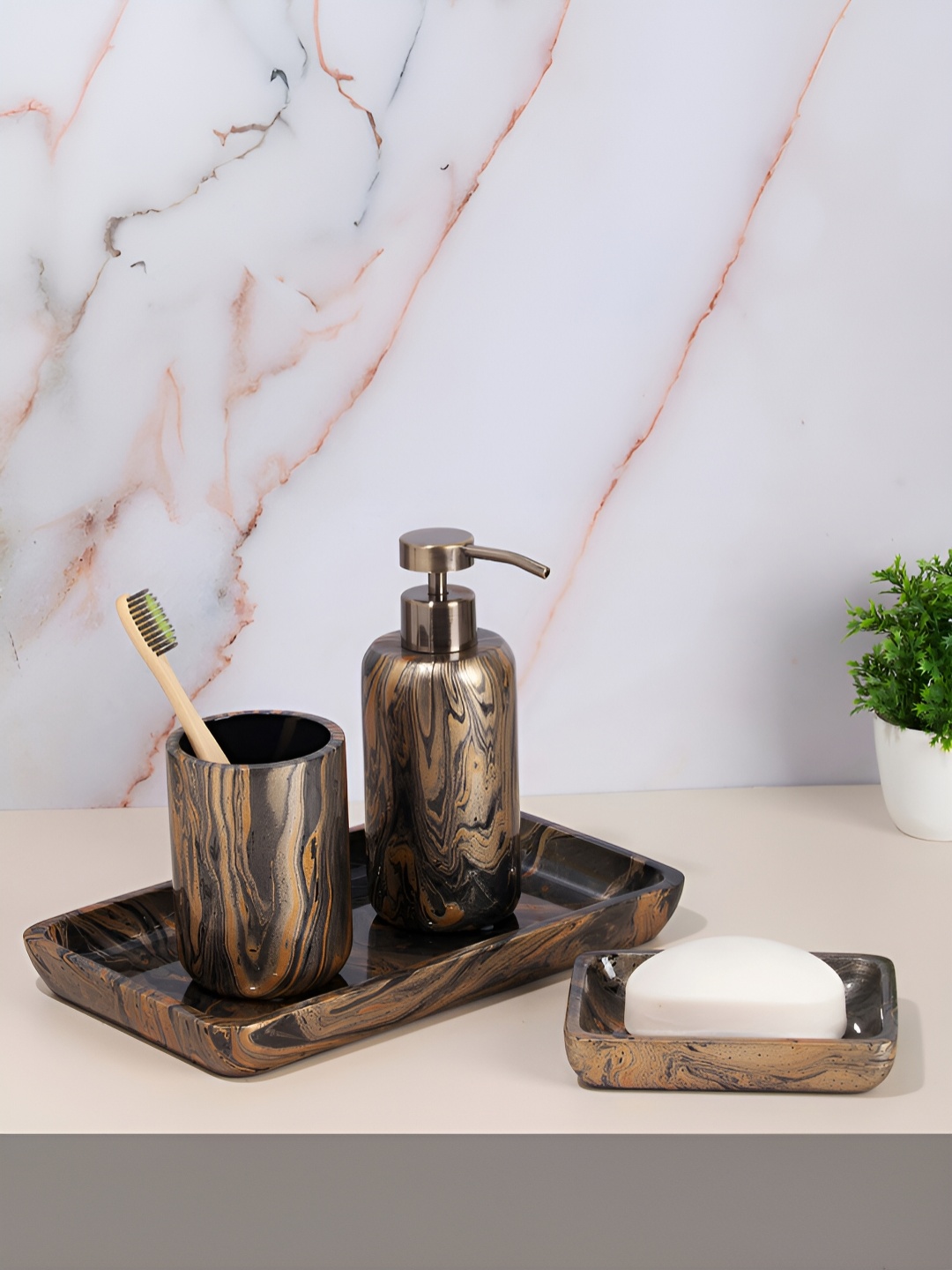 

OBSESSIONS Black & Brown 4 piece Abstract Polyresin Bath Accessories Set