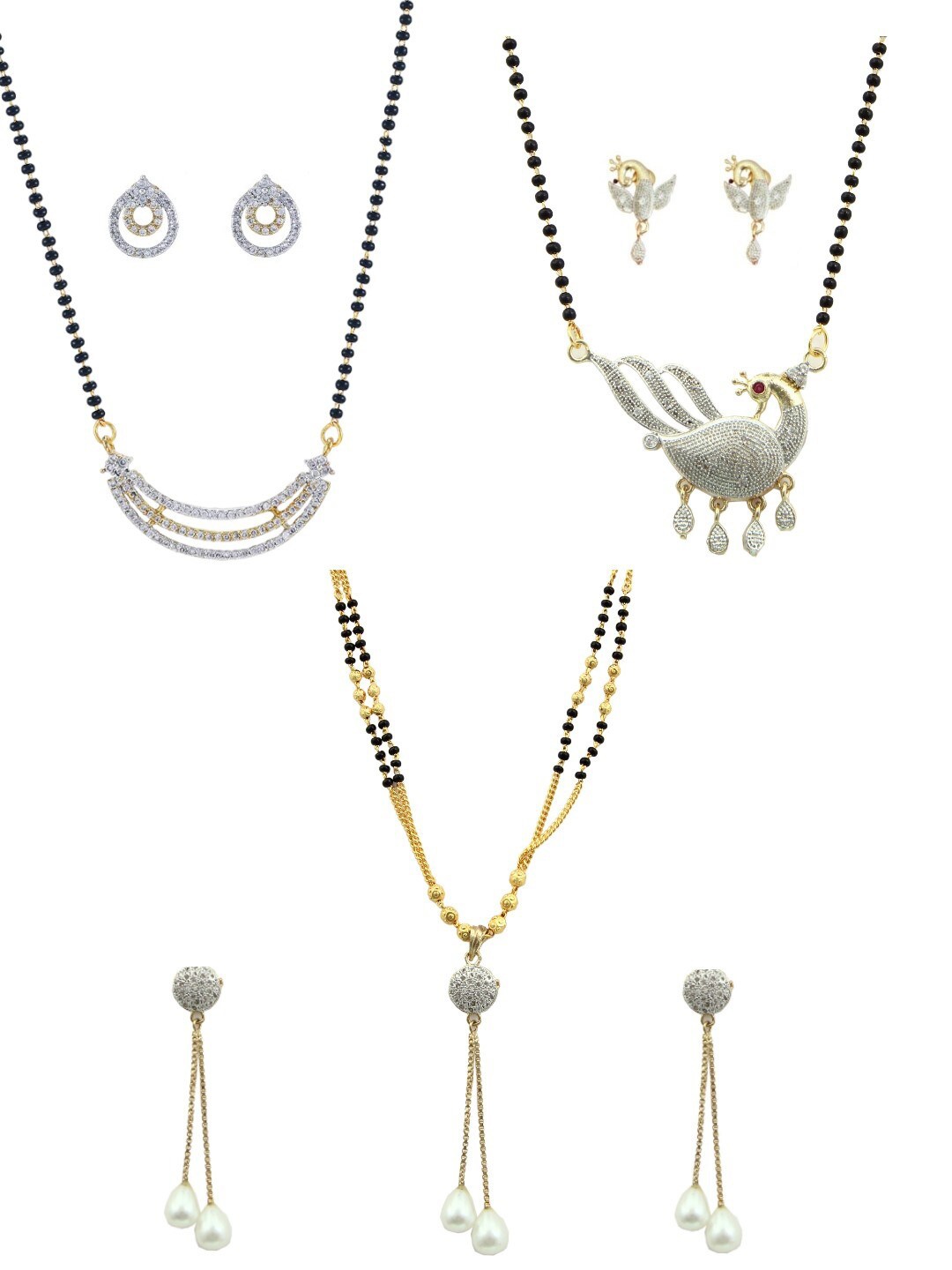 

FEMMIBELLA Set of 3 Gold-Plated American Diamond Studded Mangalsutras