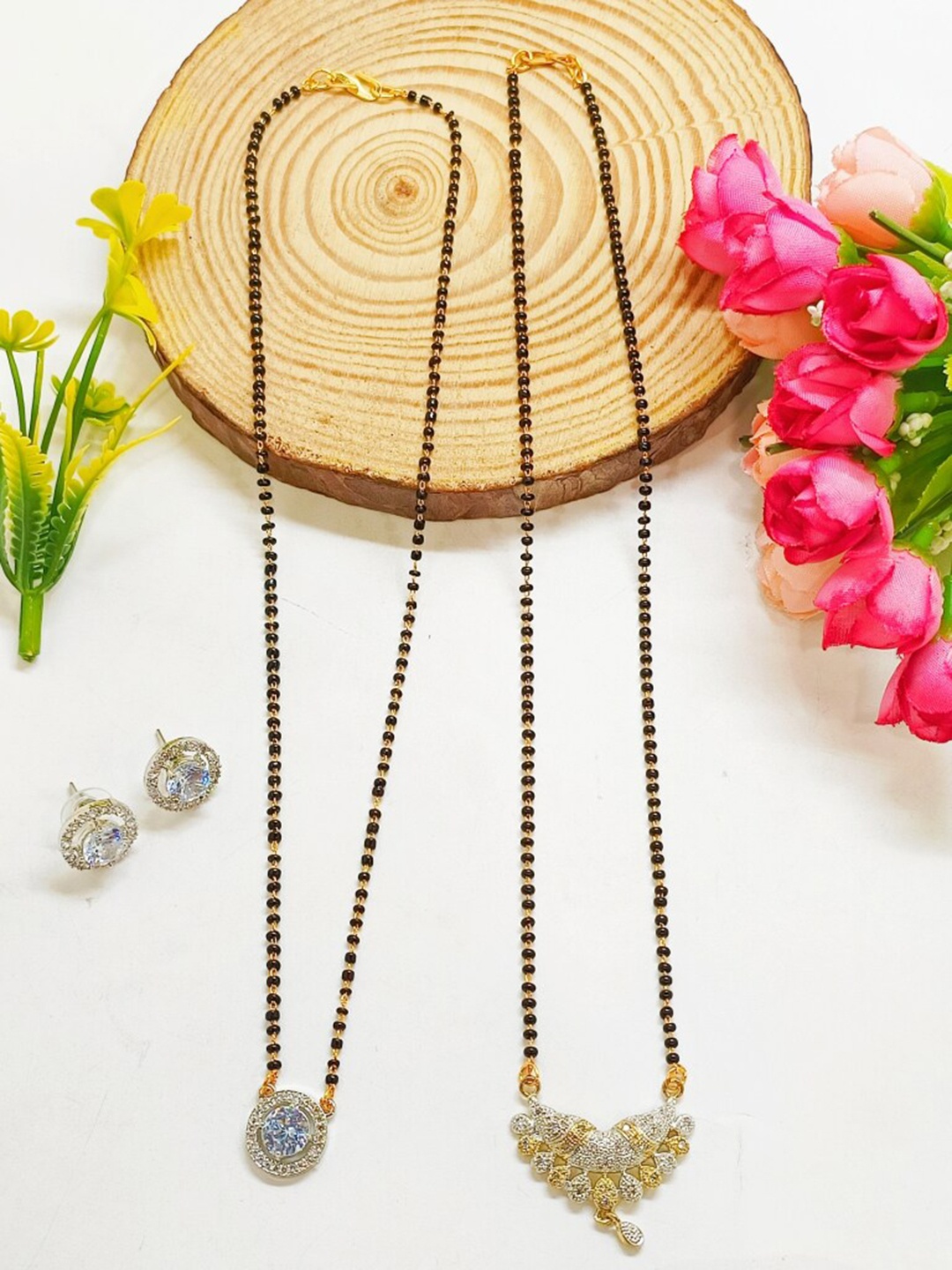 

FEMMIBELLA Set of 2 Gold-Plated American Diamond Studded Mangalsutras