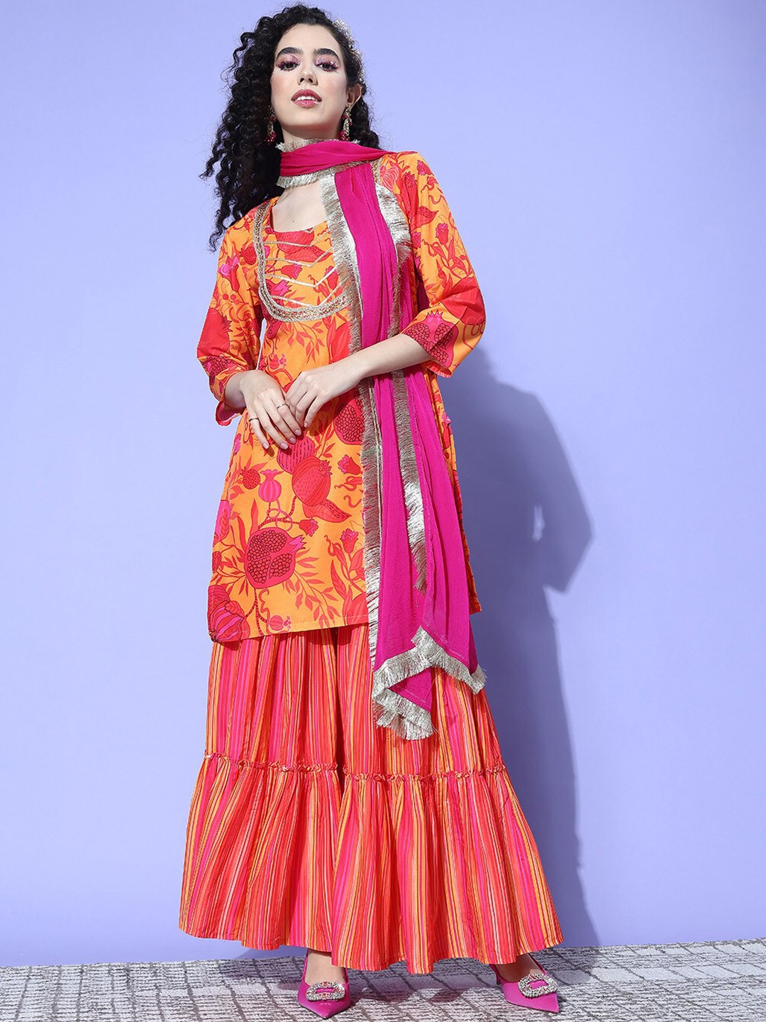 

Mitera Abstract Printed Gotta Patti Straight Kurta With Sharara & Dupatta, Yellow