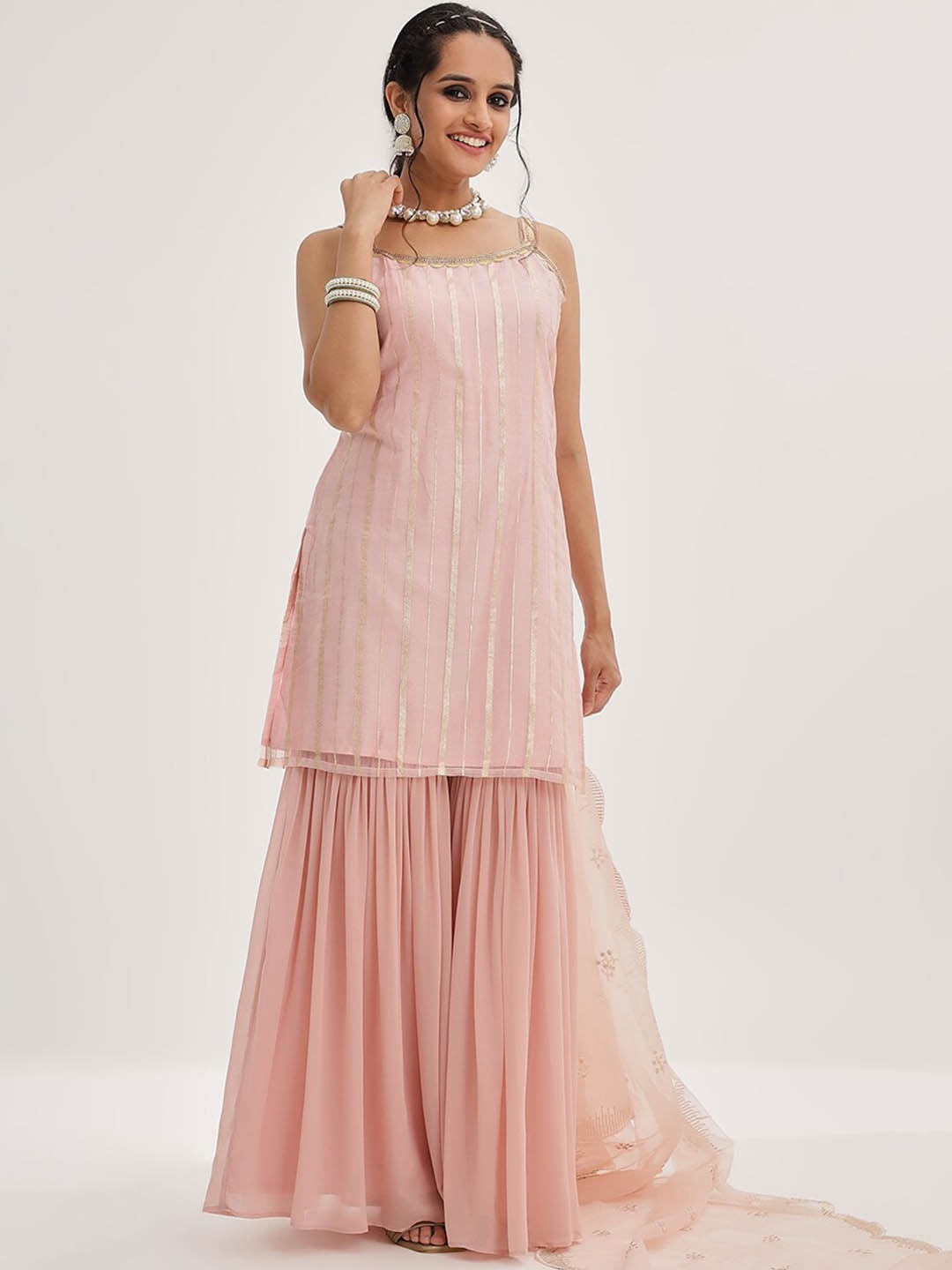 

Mitera Floral Embroidered Empire Sequinned Straight Kurta With Sharara & Dupatta, Peach