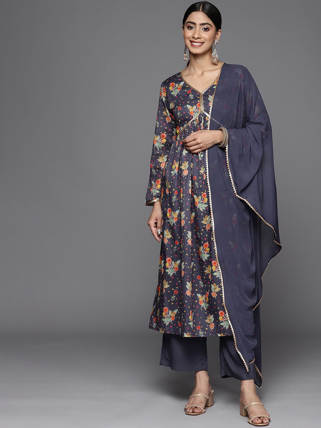 

Mitera Floral Printed Empire Gotta Patti Pure Cotton Kurta With Trousers & Dupatta, Violet