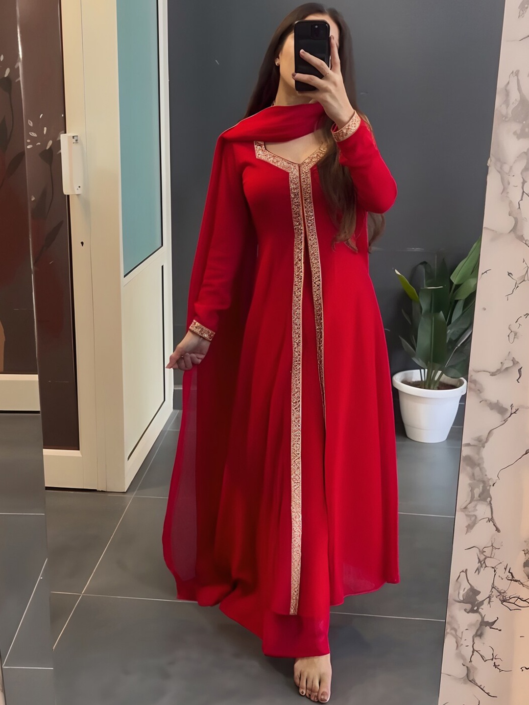 

KALINI Sweetheart Neck High Slit Gotta Patti Kurta with Palazzos & With Dupatta, Red