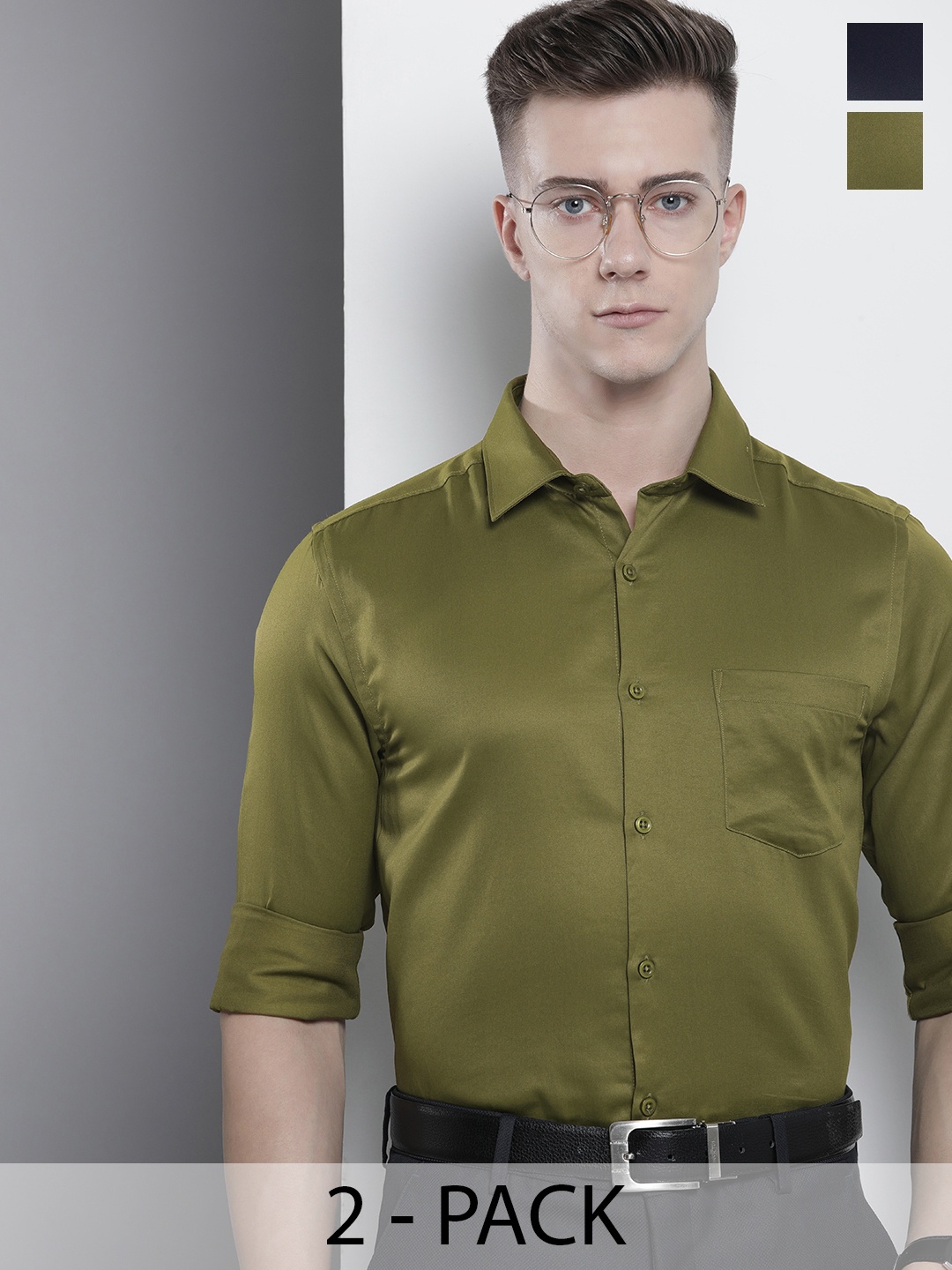 

Luxe by TIGC Pack Of 2 Cutaway Collar Formal Shirts, Olive