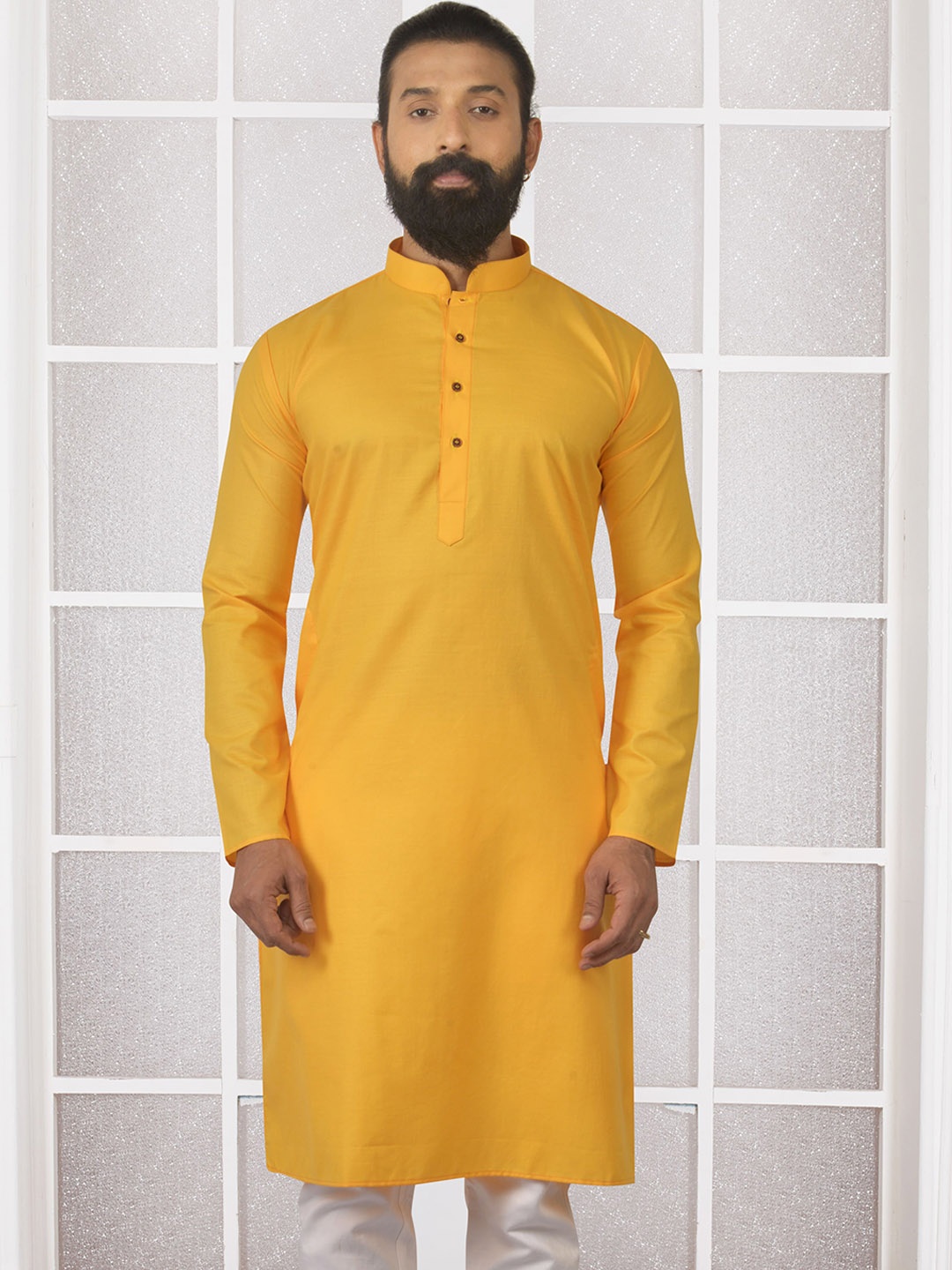 

Anouk Mandarin Collar Long Sleeves Straight Kurta with Pyjama, Yellow