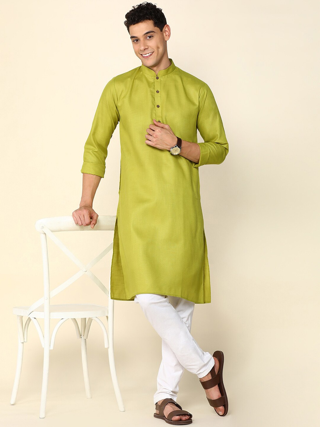 Anouk Mandarin Collar Regular Straight Kurta Set, Green
