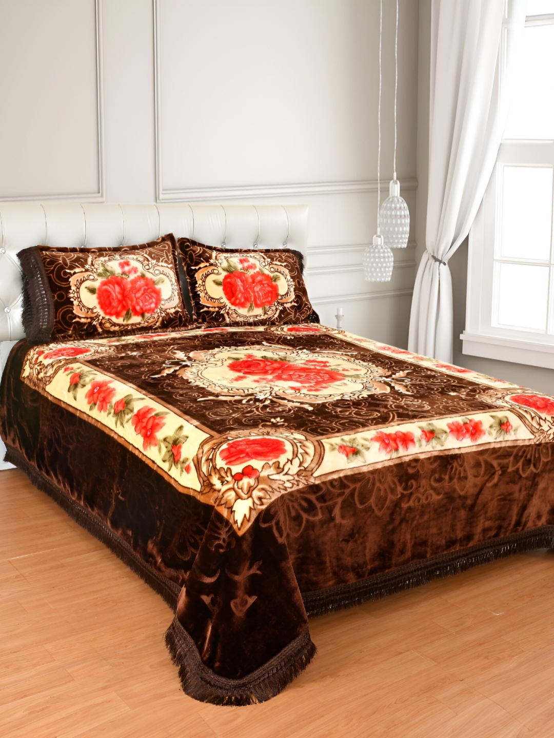 

WINSTON HOME Brown & Red 4 Pieces Floral Microfiber Heavy Winter Double Bed Blanket