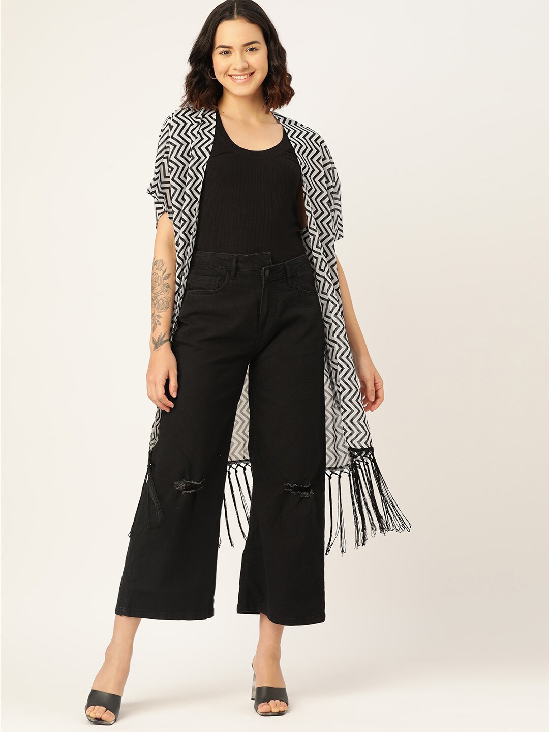 

WISSTLER Floral Printed Tasselled Longline Shrug, Black