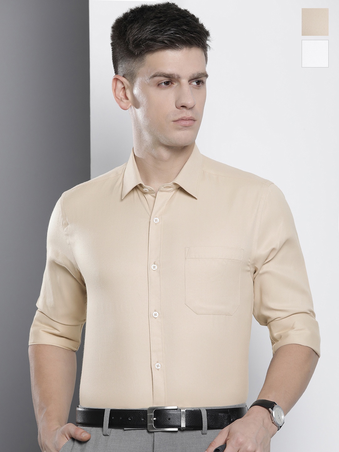 

The Indian Garage Co. X Luxe Pack Of 2 Cutaway Collar Cotton Formal Shirts, Beige