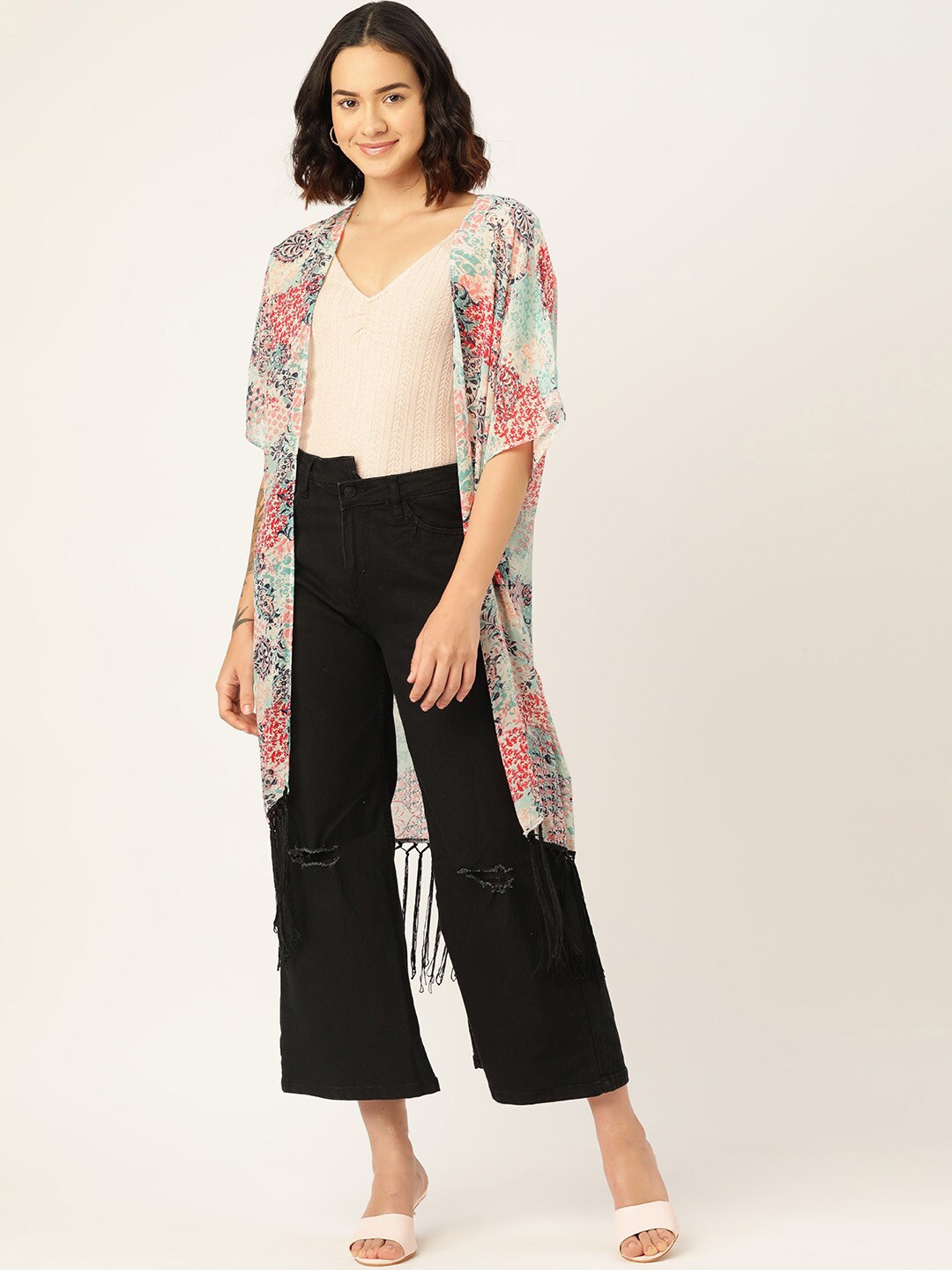 

WISSTLER Floral Printed Tasselled Longline Shrug, Pink