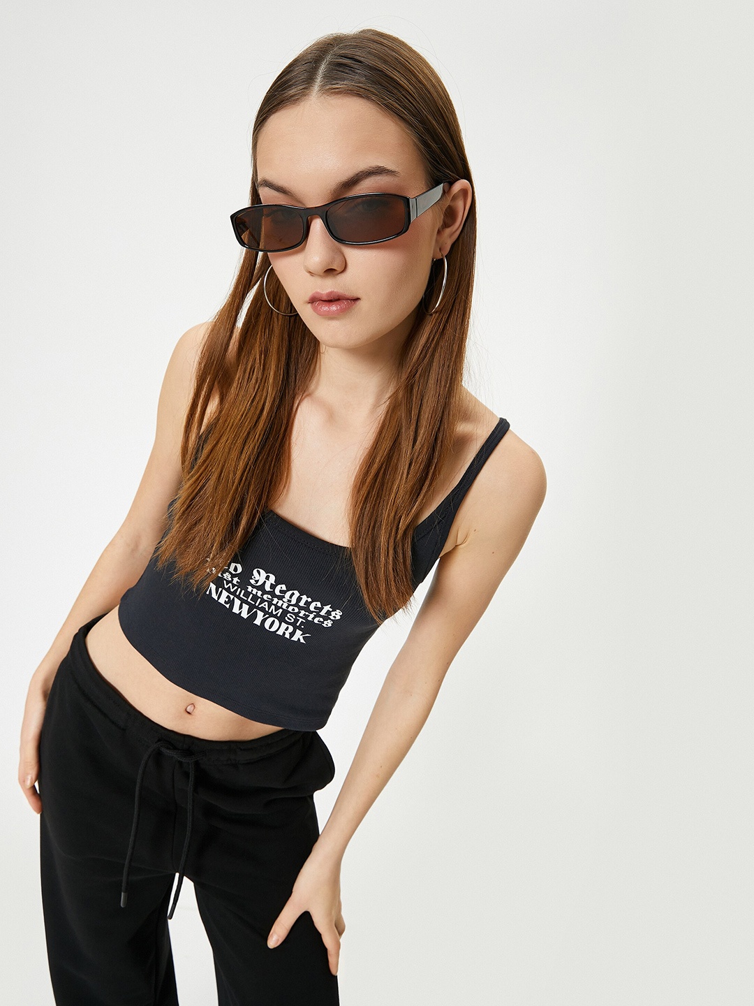 Koton Typography Printed Cotton Crop Top, Grey