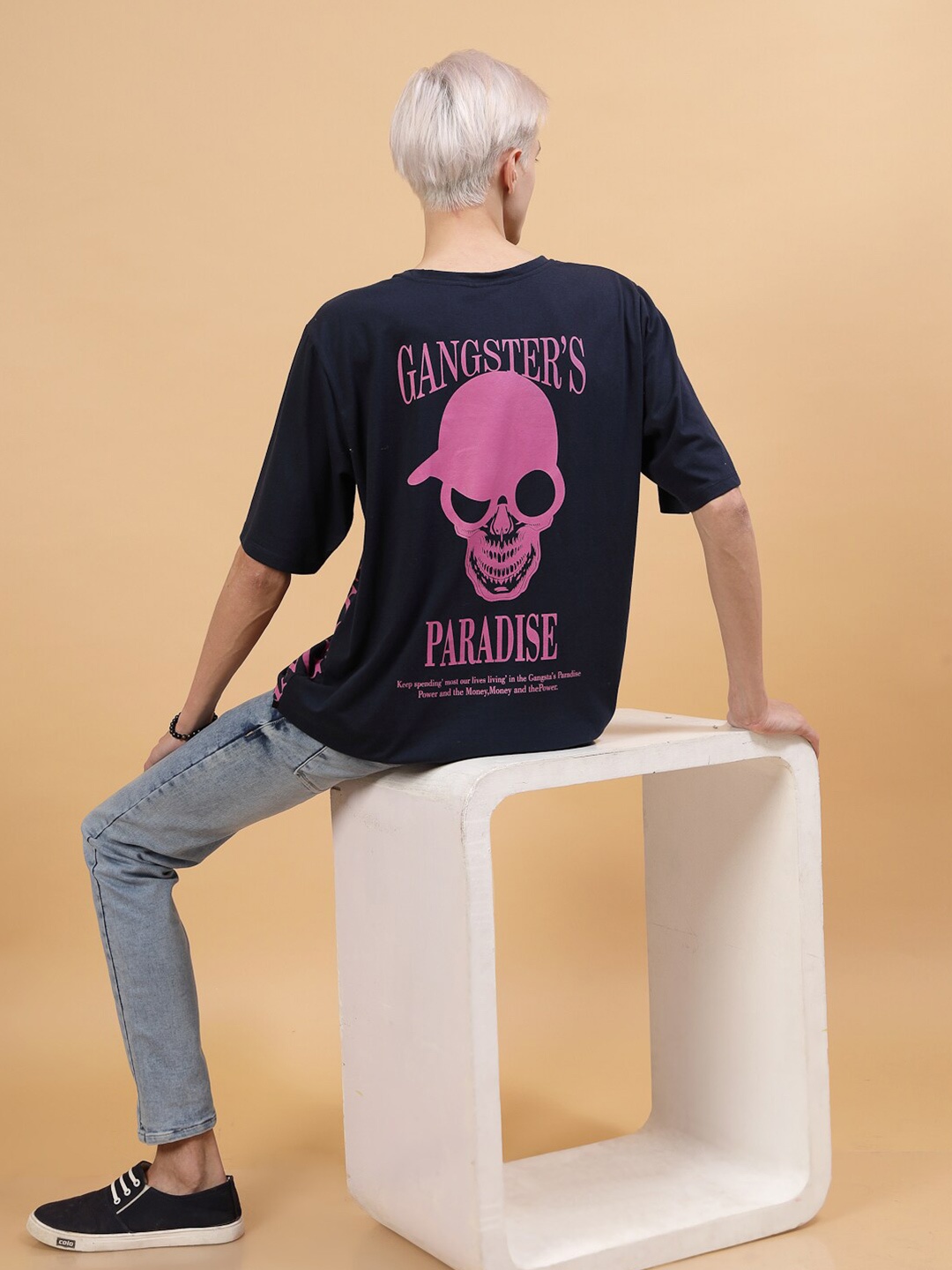 Rigo Printed Jersey Drop Shoulder Oversized T-shirt, Navy blue