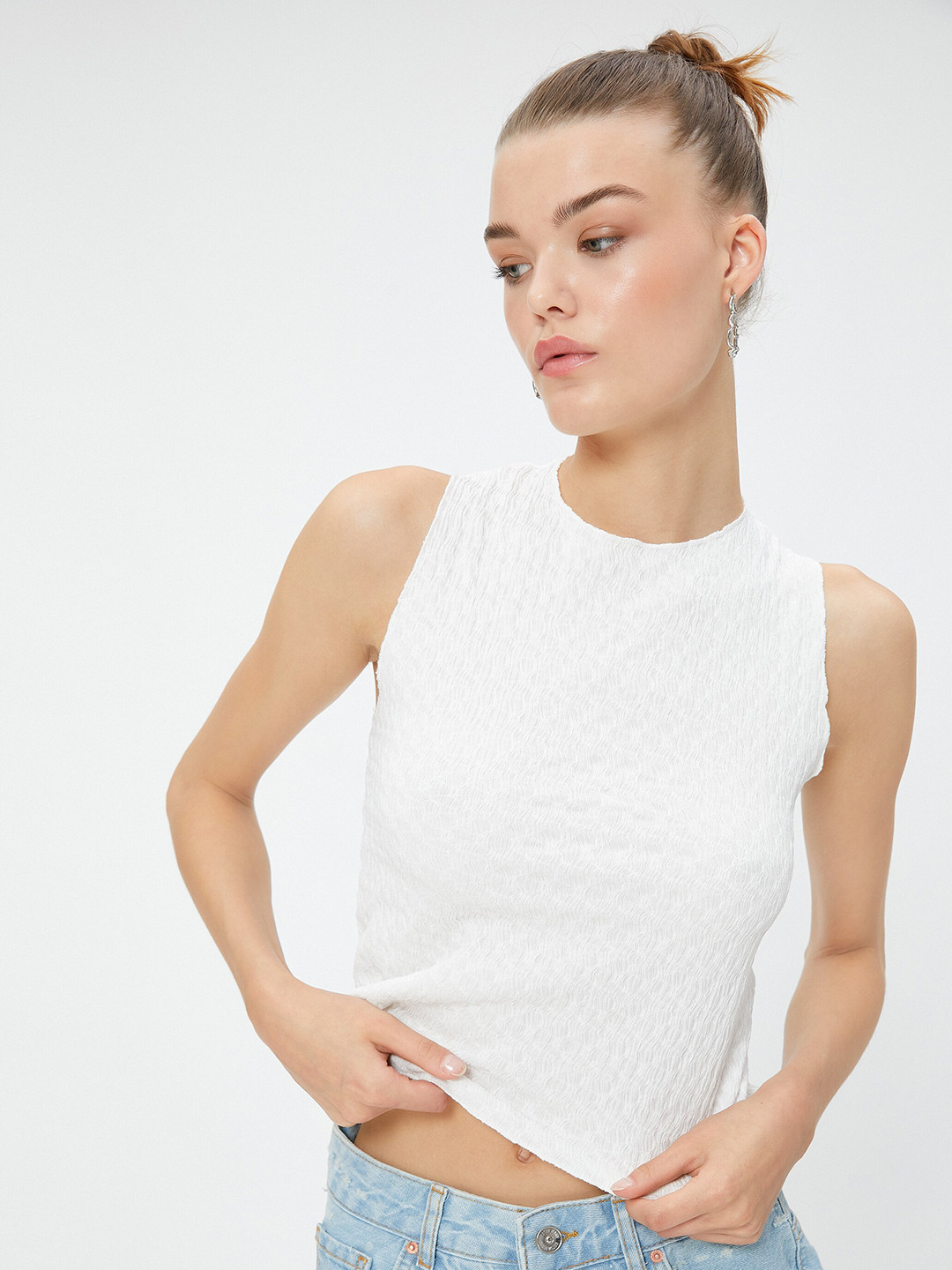 

Koton Vertical Stripes Round Neck Sleeveless Crop Top, Beige