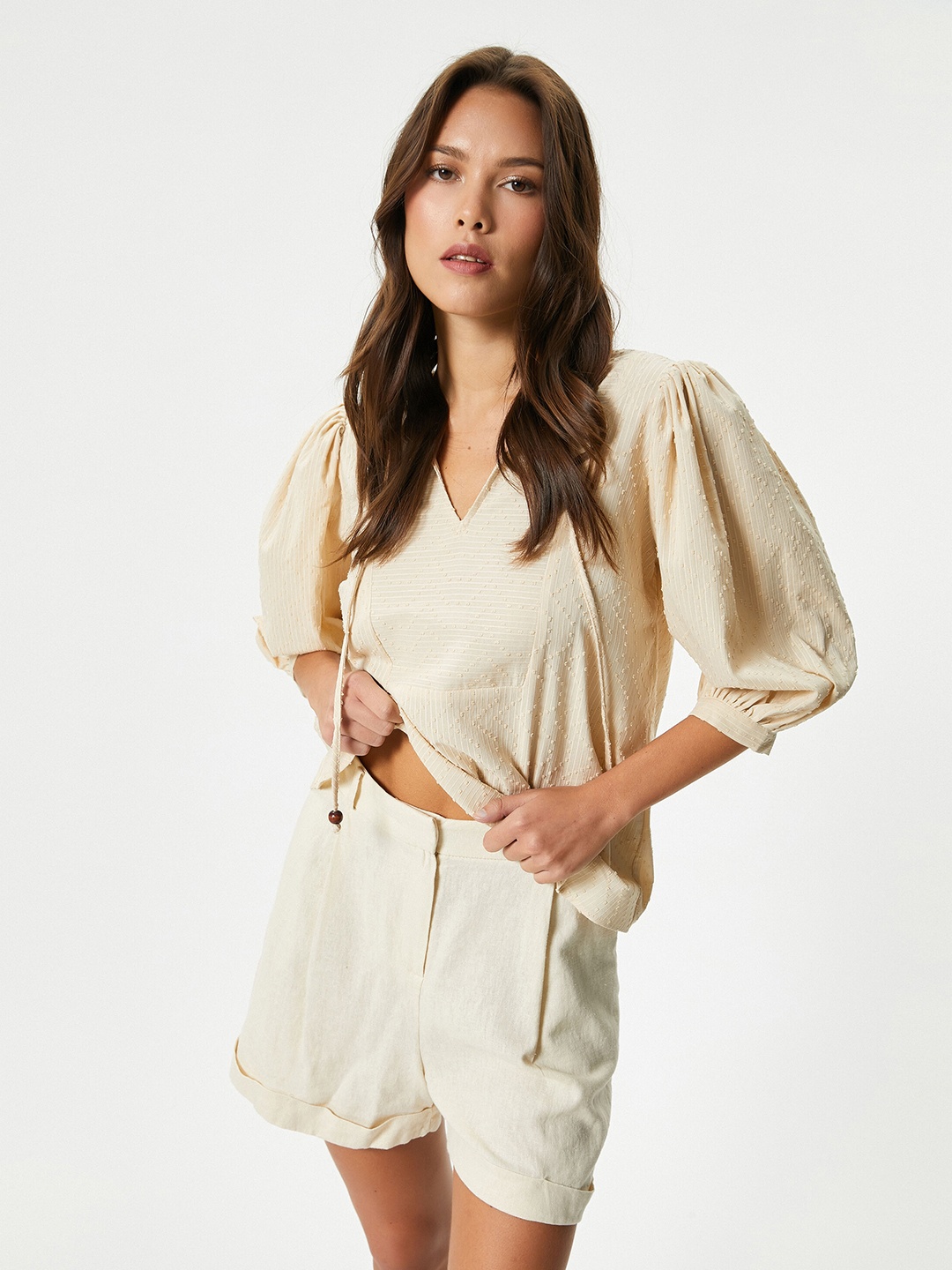 Koton Puff Sleeve Cotton Top, Beige