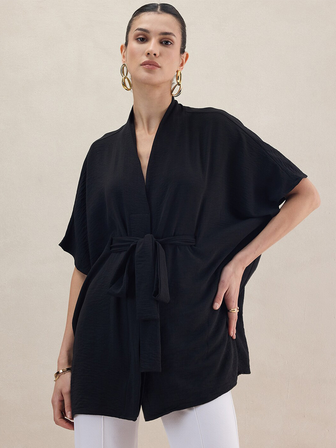 

FEMMELLA V-Neck Kimono Sleeve Kaftan Casual Top, Black