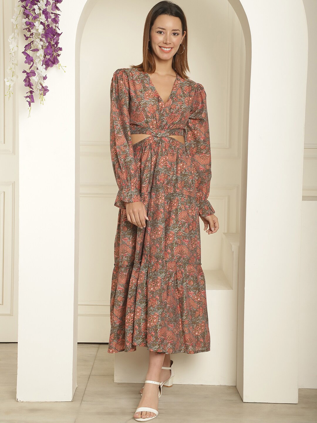 Aawari Floral Print Puff Sleeves Waist Cut-Out maxi Dress, Brown
