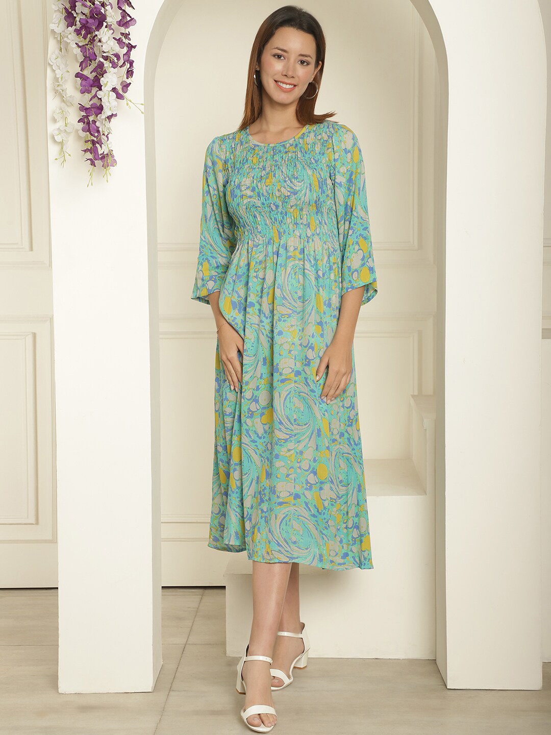 

Aawari Floral Print Round Neck Crepe A-Line Midi Dress, Green