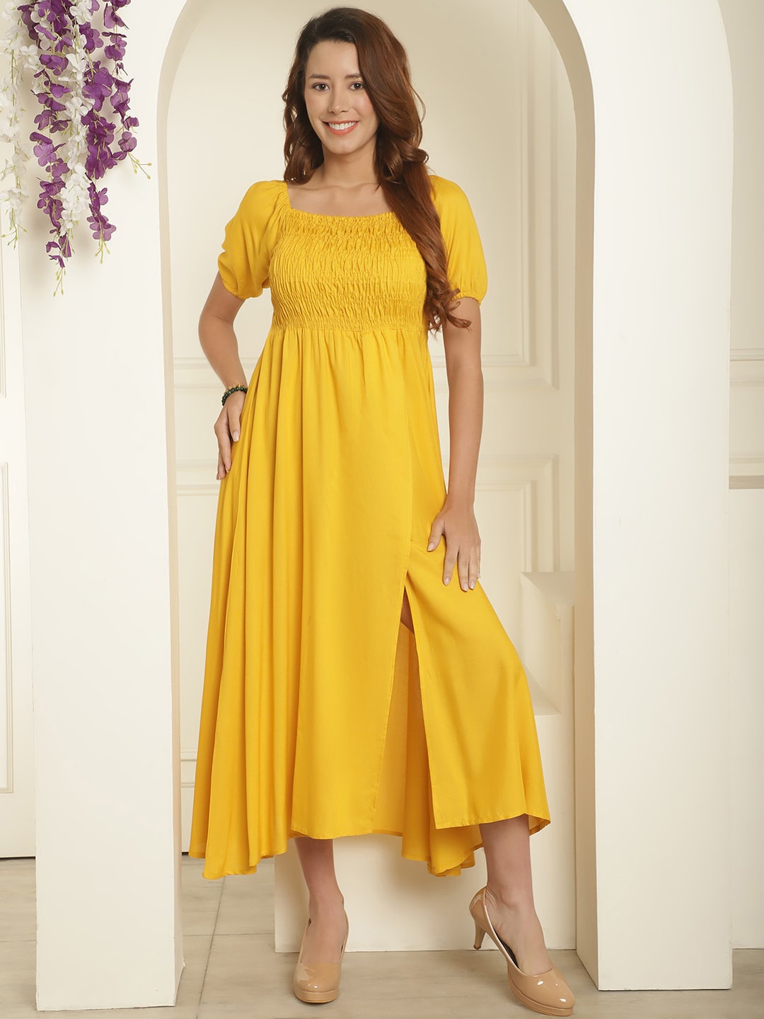 

Aawari Square Neck Puff Sleeve Smocked Empire Maxi Dress, Mustard
