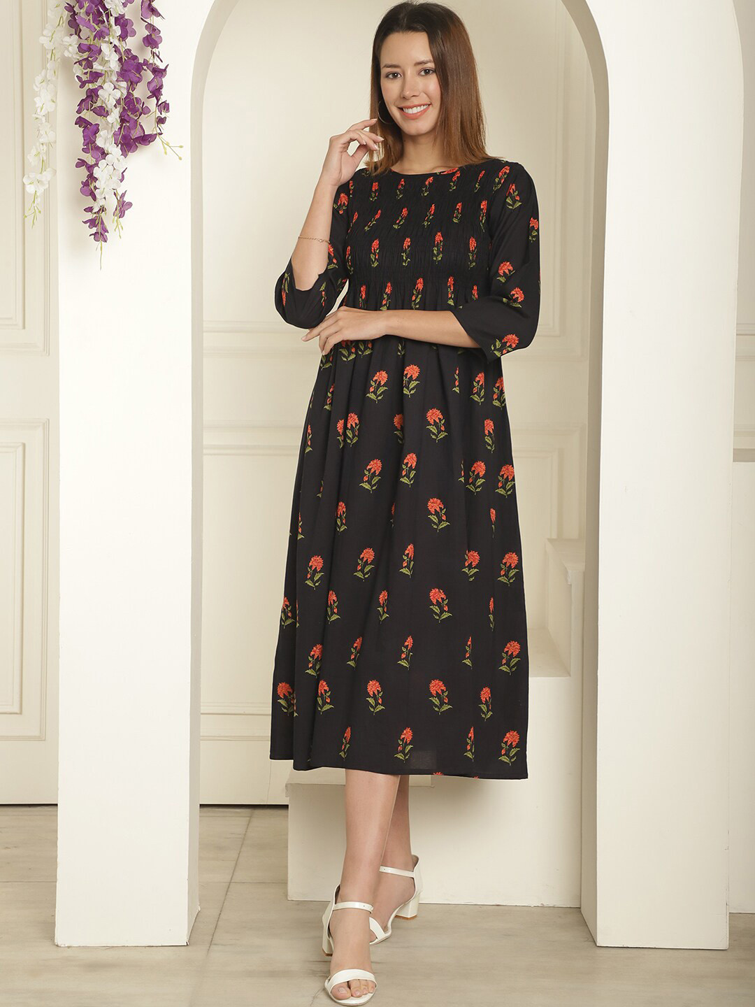 

Aawari Floral Print Puff Sleeve A-Line Midi Dress, Black