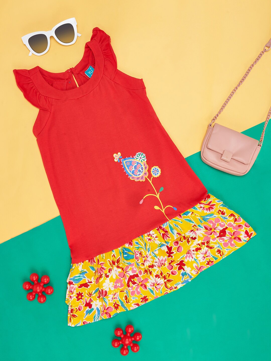

YU by Pantaloons Girls Floral Printed Round Neck Sleeveless A-Line Dress, Red