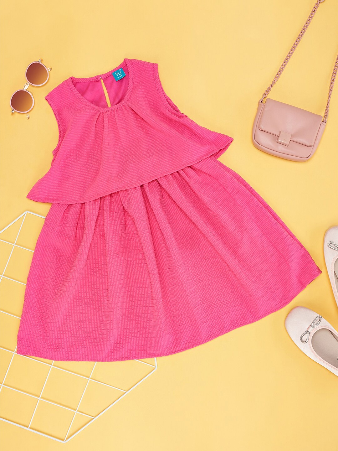 YU by Pantaloons Girls Self Design Round Neck Sleeveless A-Line Dress, Pink