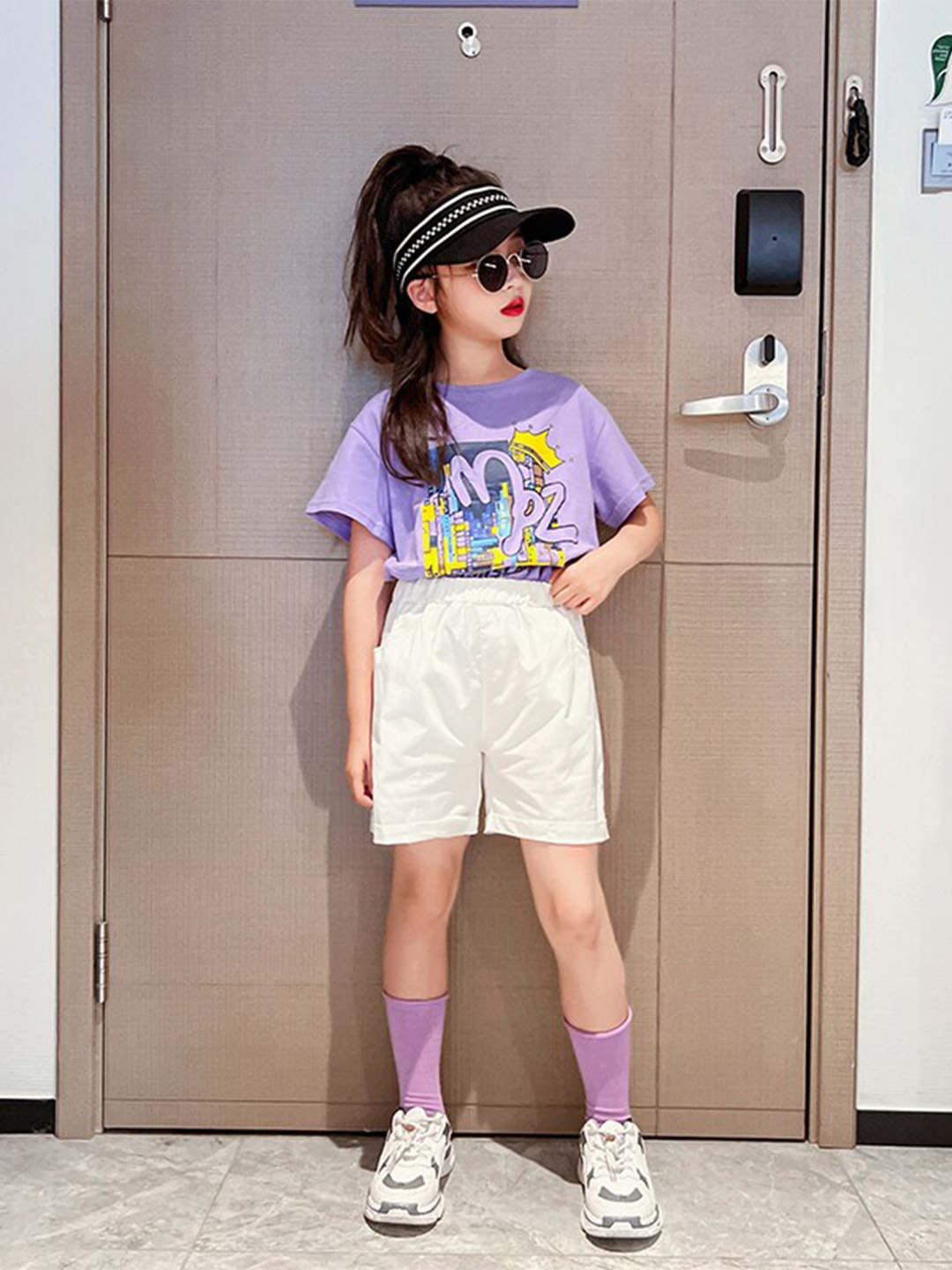 StyleCast x Revolte Girls Purple & White Printed T-shirt with Shorts