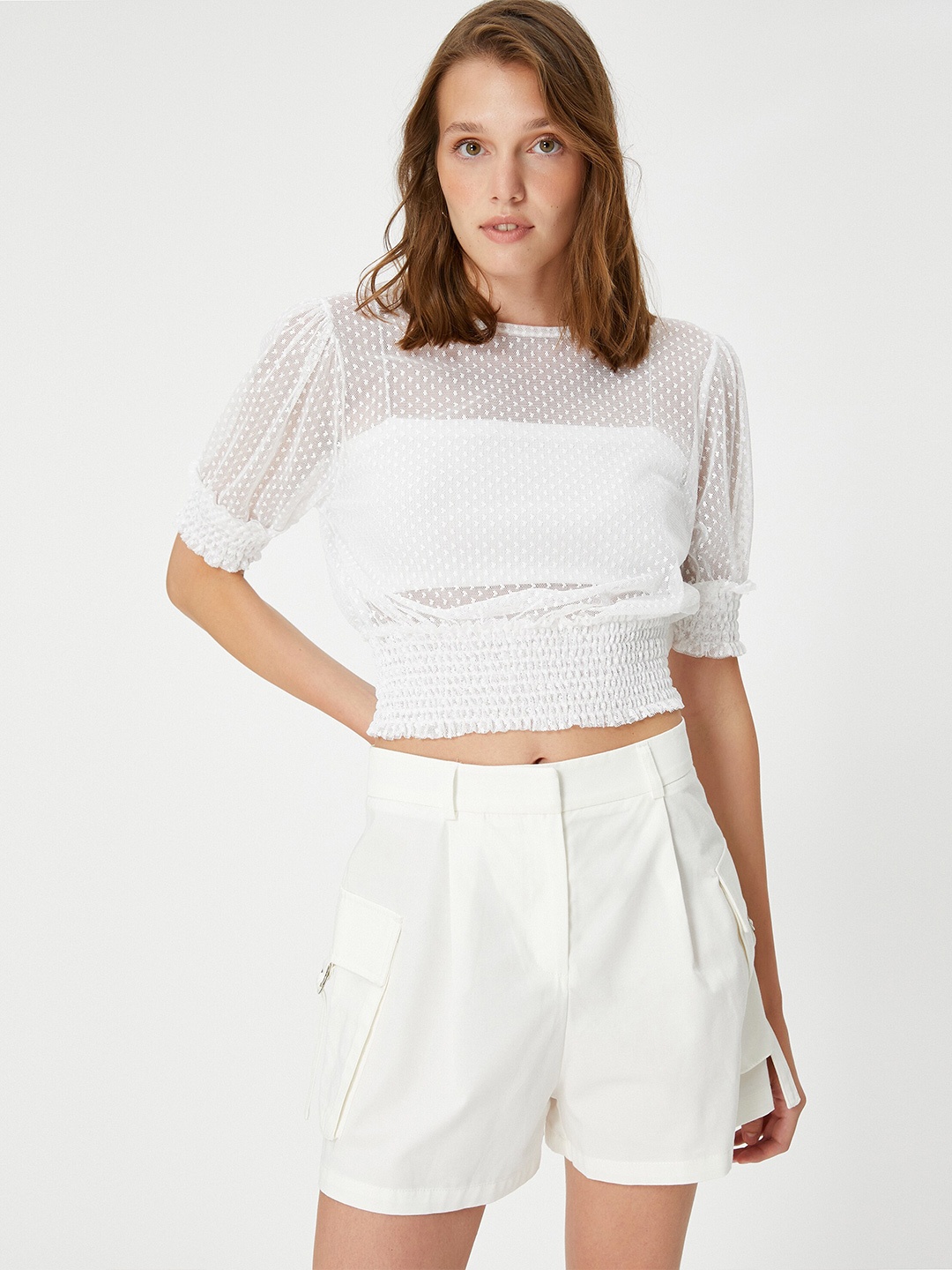 

Koton Self Design Round Neck Puff Sleeves Crop Top, White