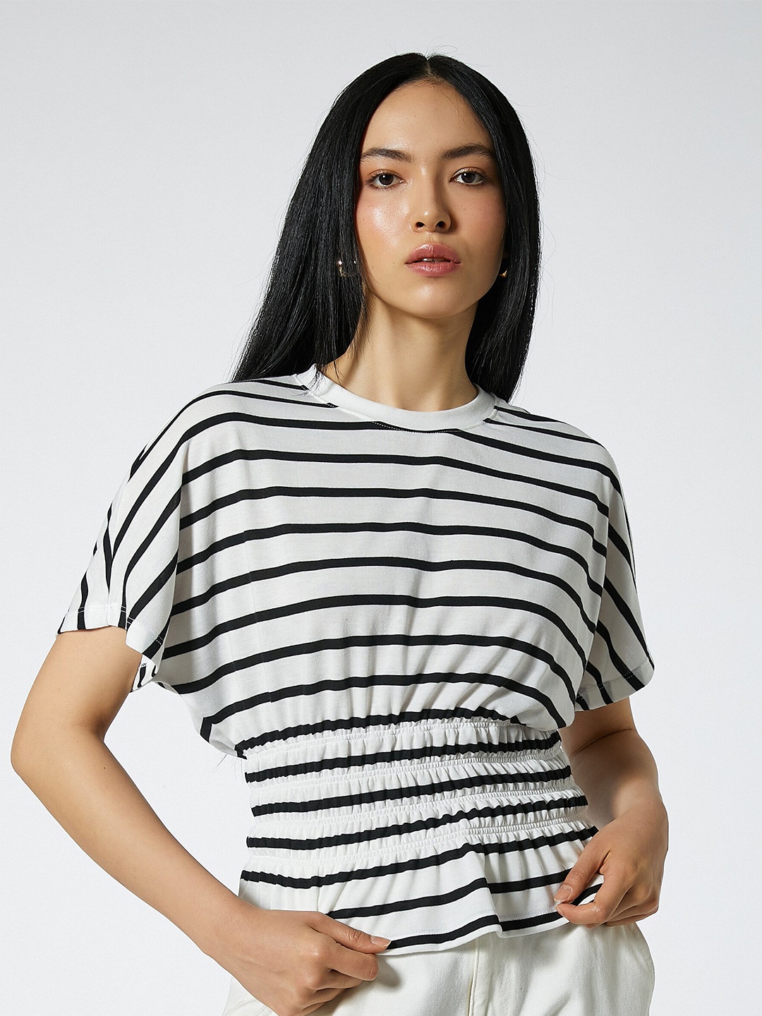 

Koton Horizontal Stripes Round Neck Kimono Sleeve Top, Black