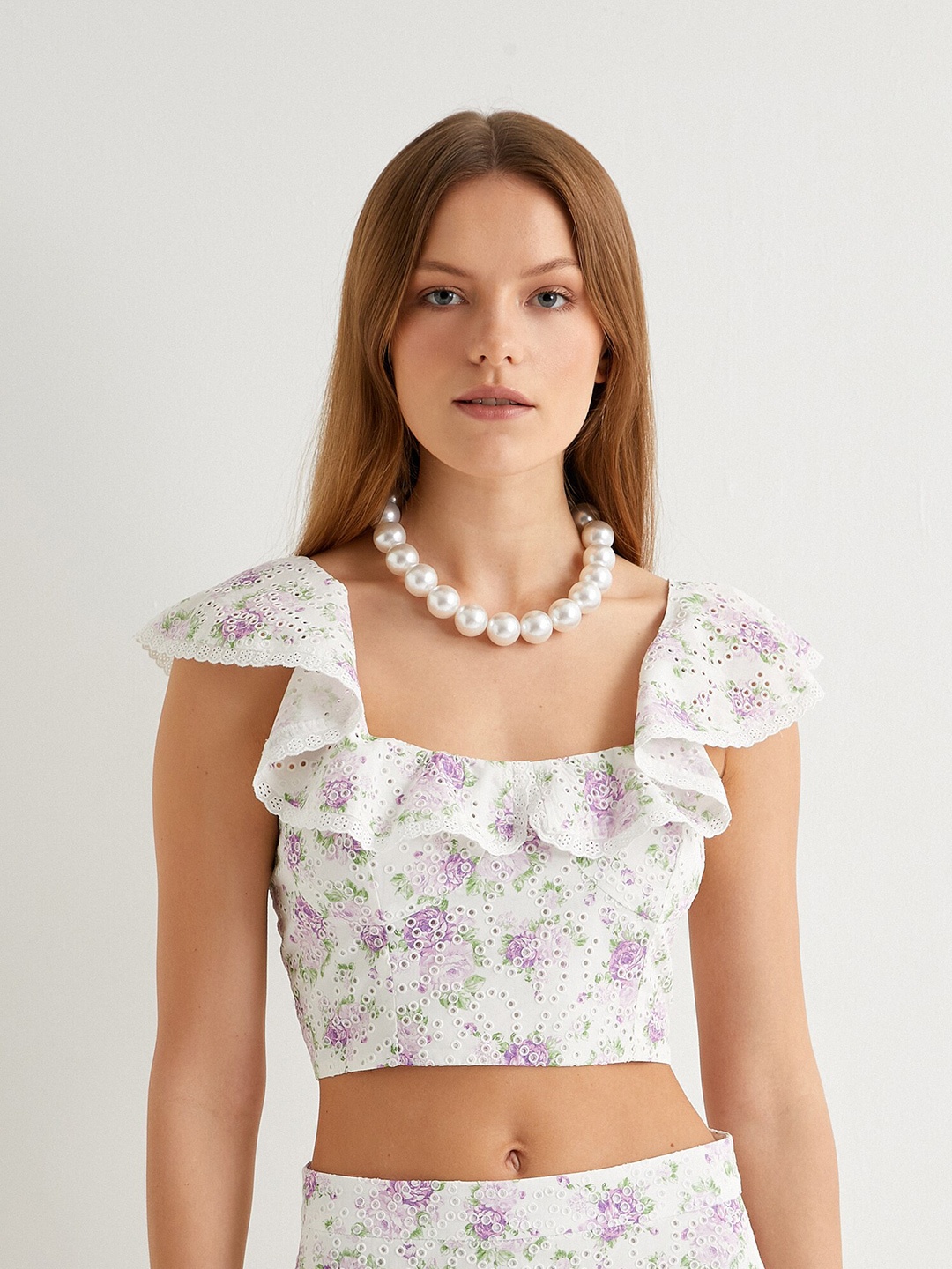 

Koton Floral Printed Square Neck Flutter Sleeve Cotton Crop Top, Purple