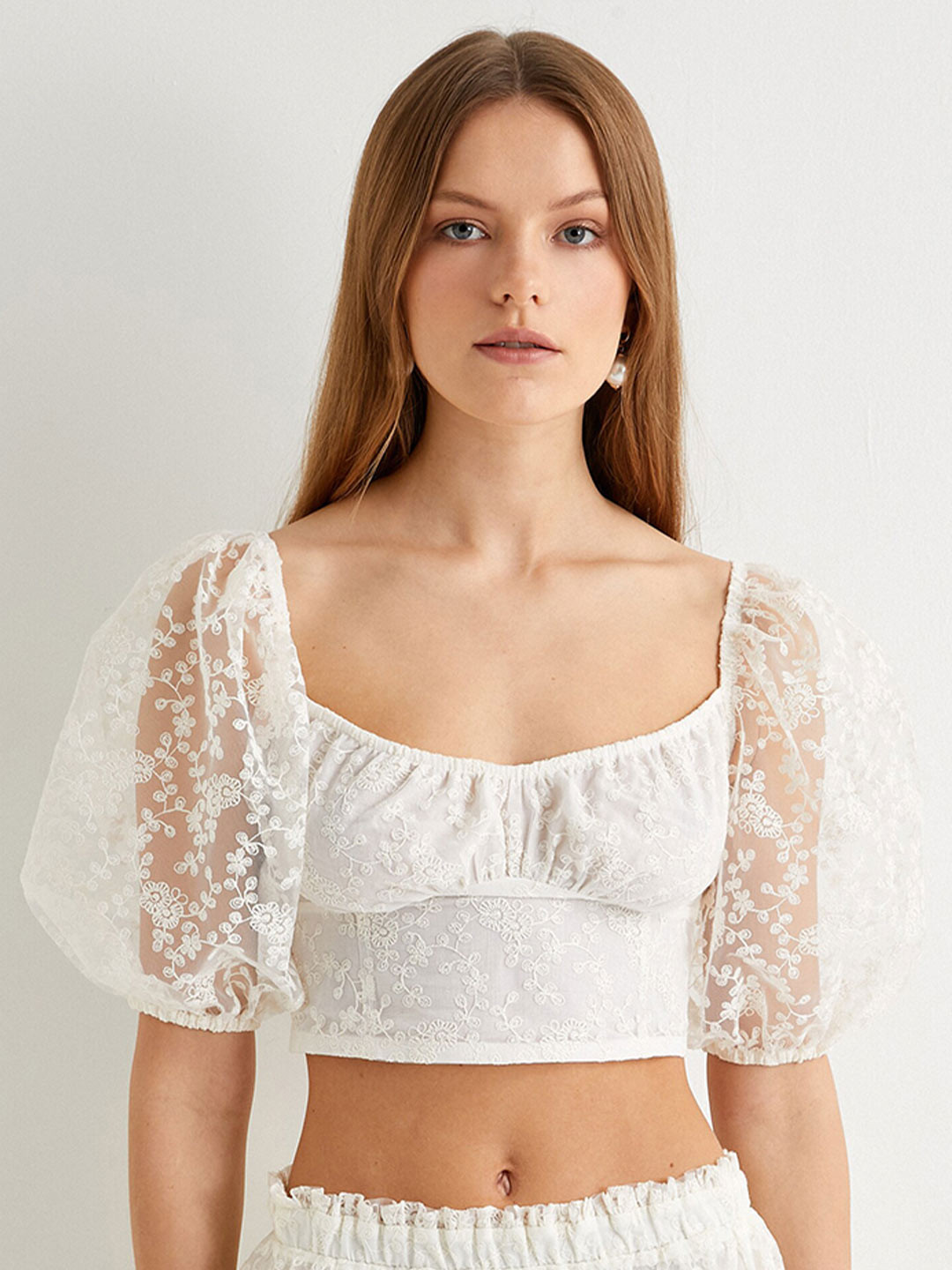 

Koton Self Design Cuffed Sleeves Cotton Crop Top, Beige