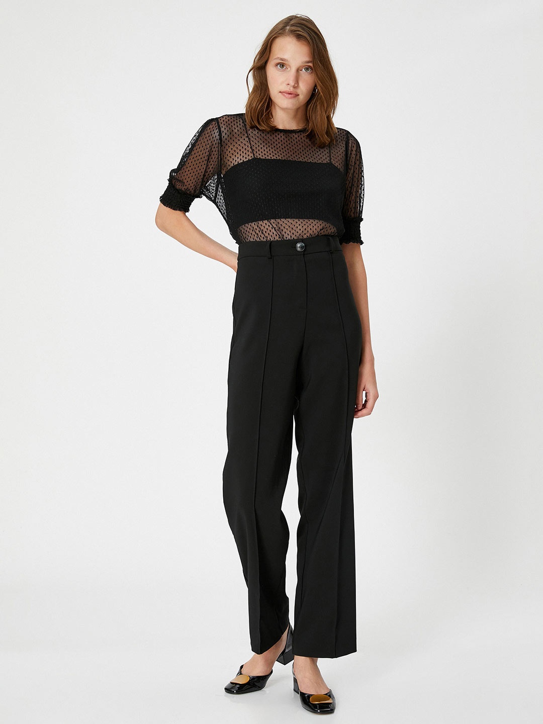 

Koton Round Neck Self Design Puff Sleeves Top, Black
