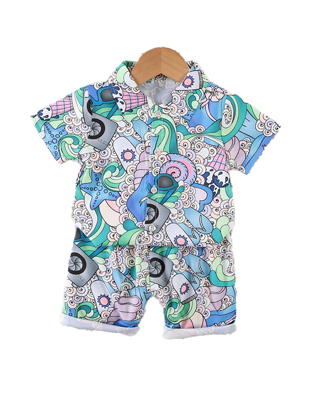 

StyleCast x Revolte Boys Blue Graphic Printed Shirt with Shorts, Green