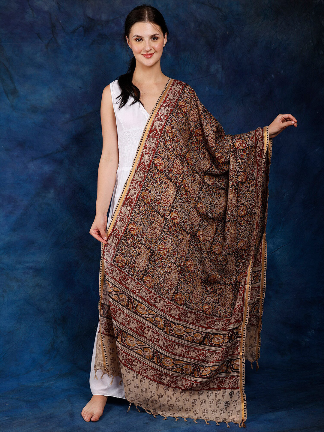

Exotic India Floral Printed Cotton Dupatta, Brown