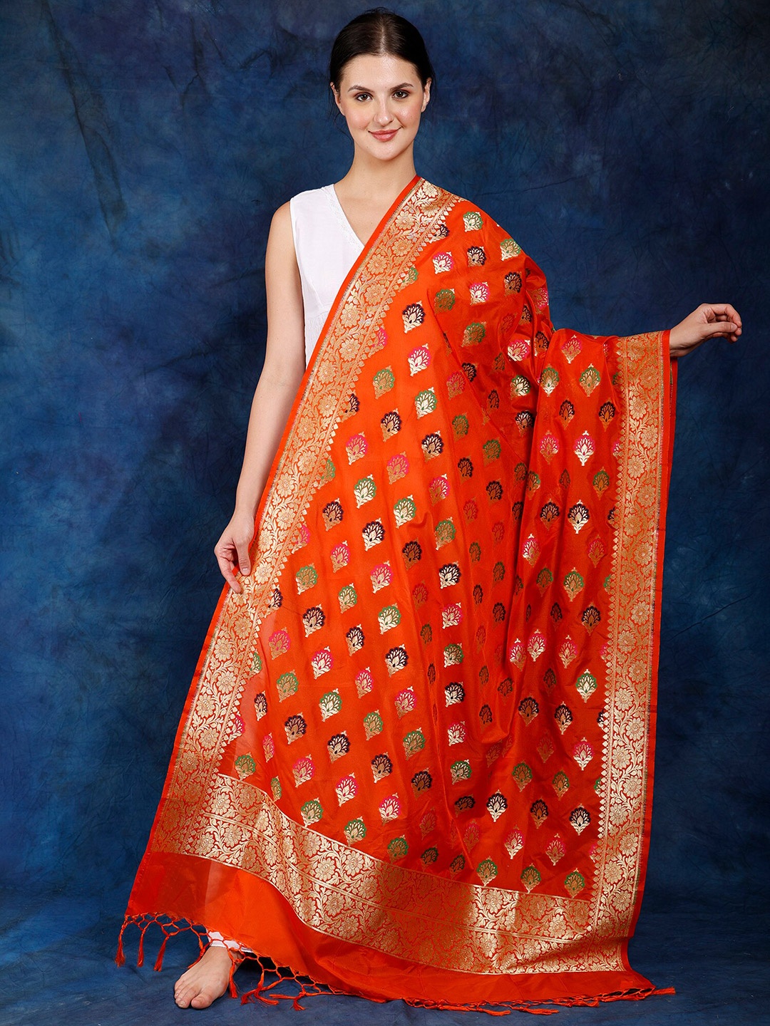 

Exotic India Floral Woven Design Dupatta, Orange