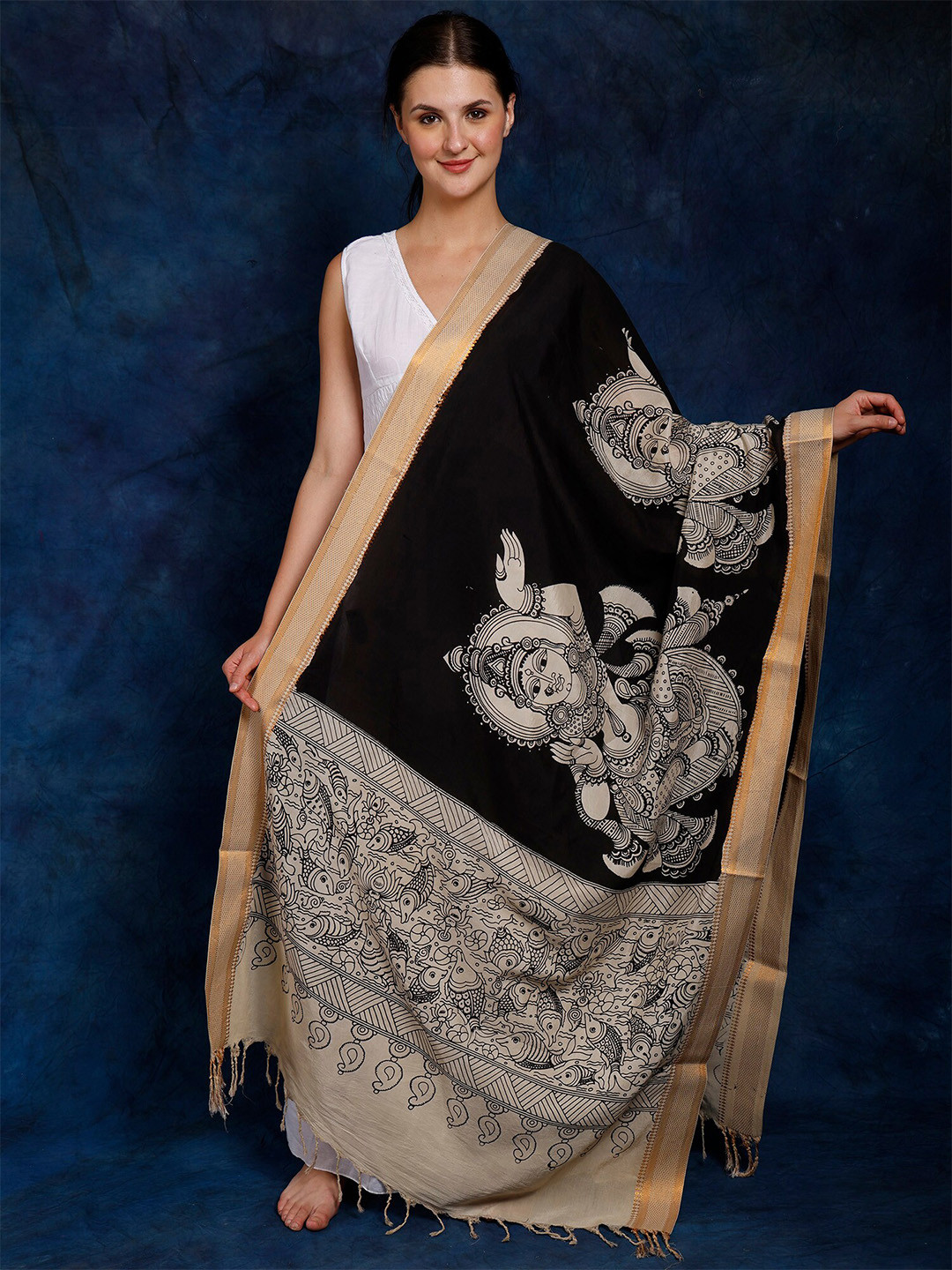 

Exotic India Ethnic Motifs Printed Kalamkari Dupatta, Black
