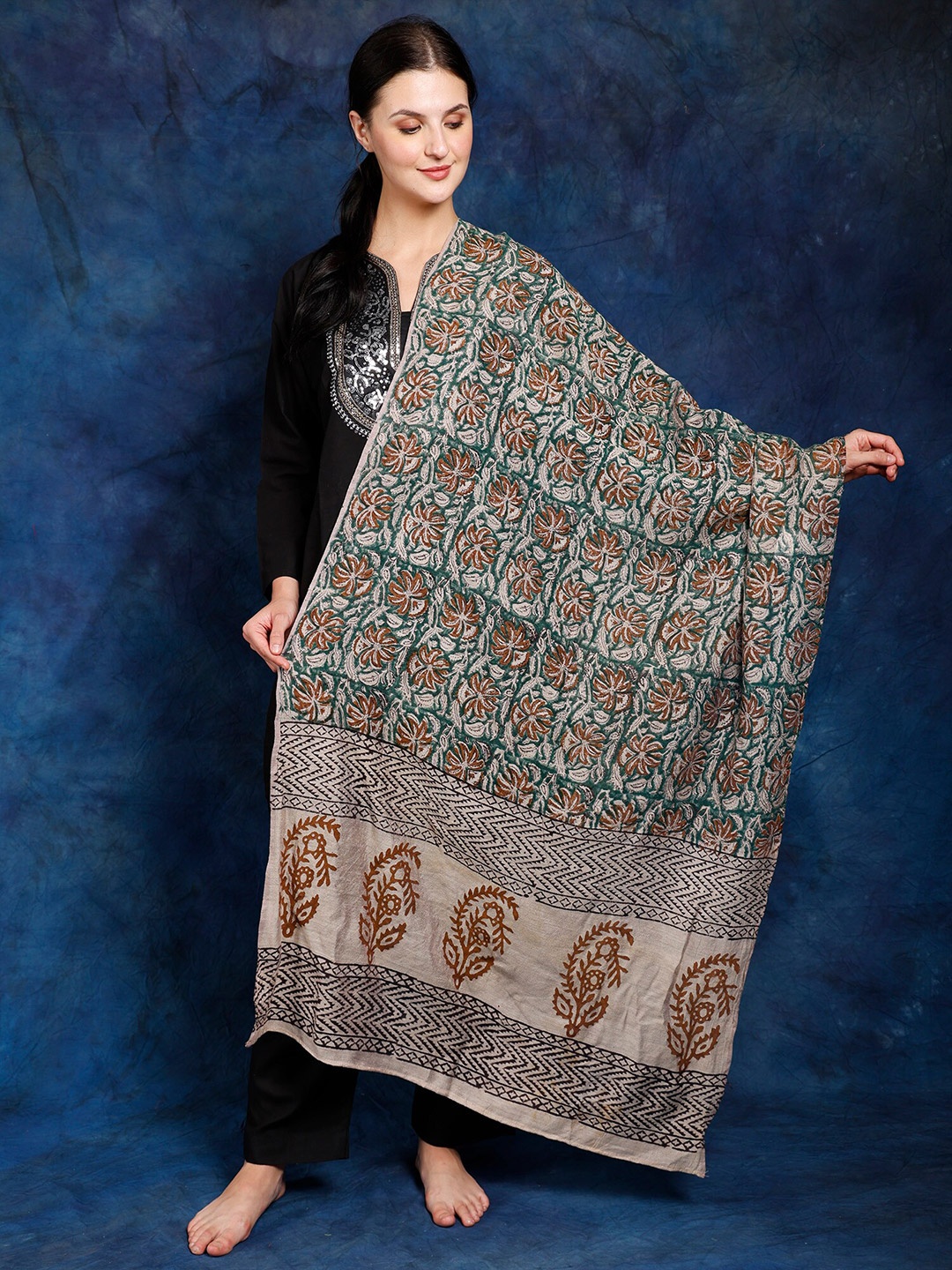 

Exotic India Shady Glade Hand-Printed Kalamkari Cotton Dupatta, Black