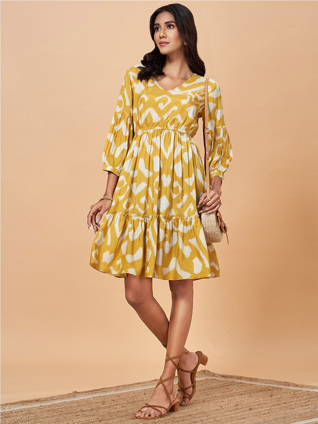 Marigold Lane Floral Printed Puff Sleeve A-Line Dress, Mustard