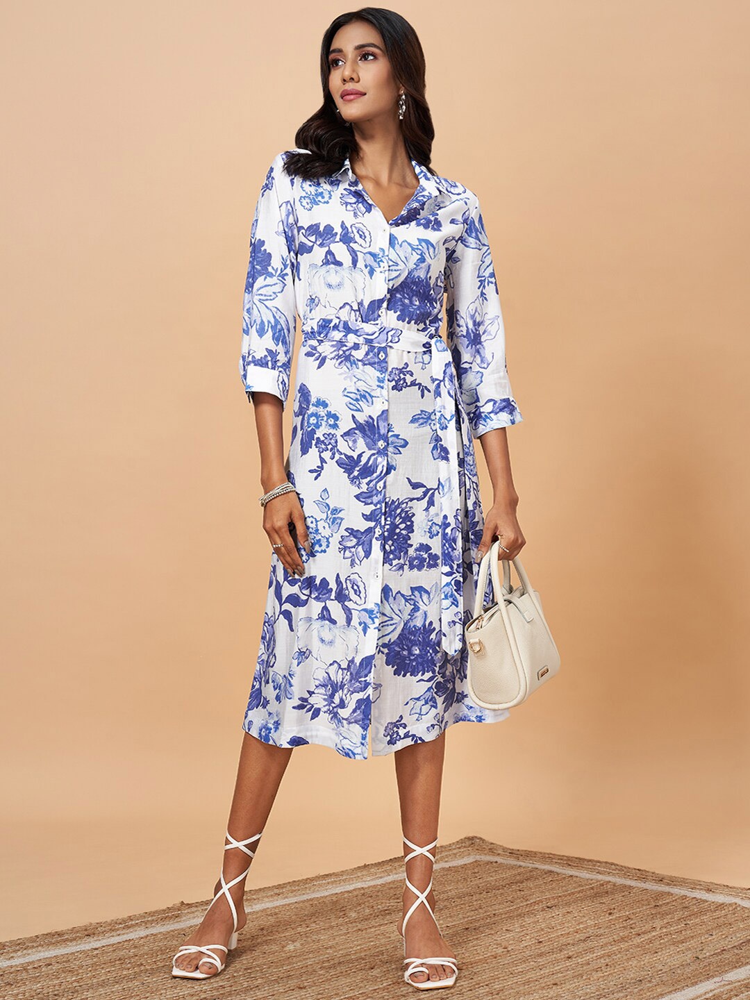 

Marigold Lane Floral Printed Shirt Collar Midi Dress, Blue