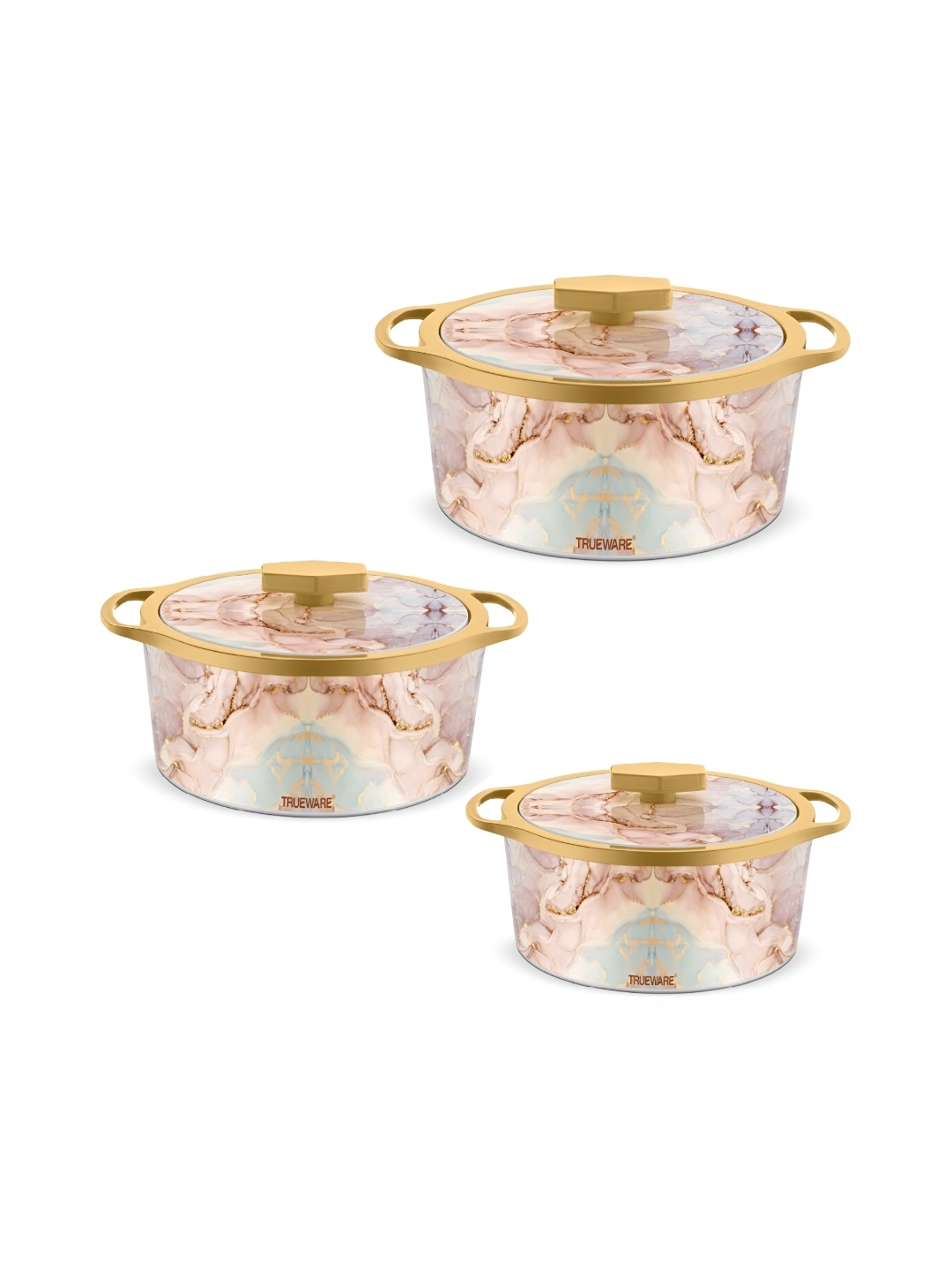 

Trueware Blue & Gold-Toned 3 Pieces Stainless Steel Dishwasher Safe Thermal Casserole Set