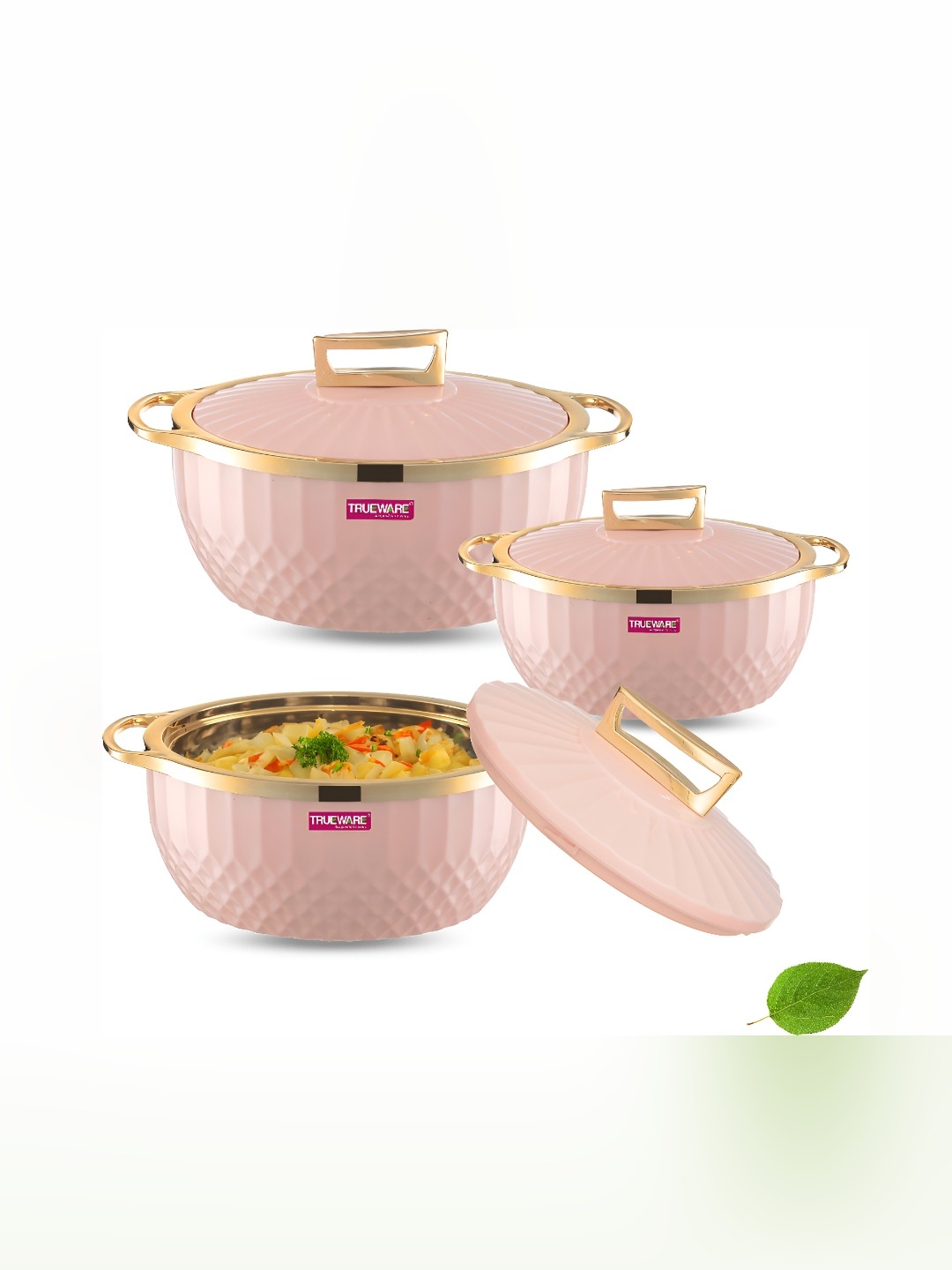 

Trueware Pink & Gold Toned 3 Pieces Stainless Steel Dishwasher Safe Casserole Set