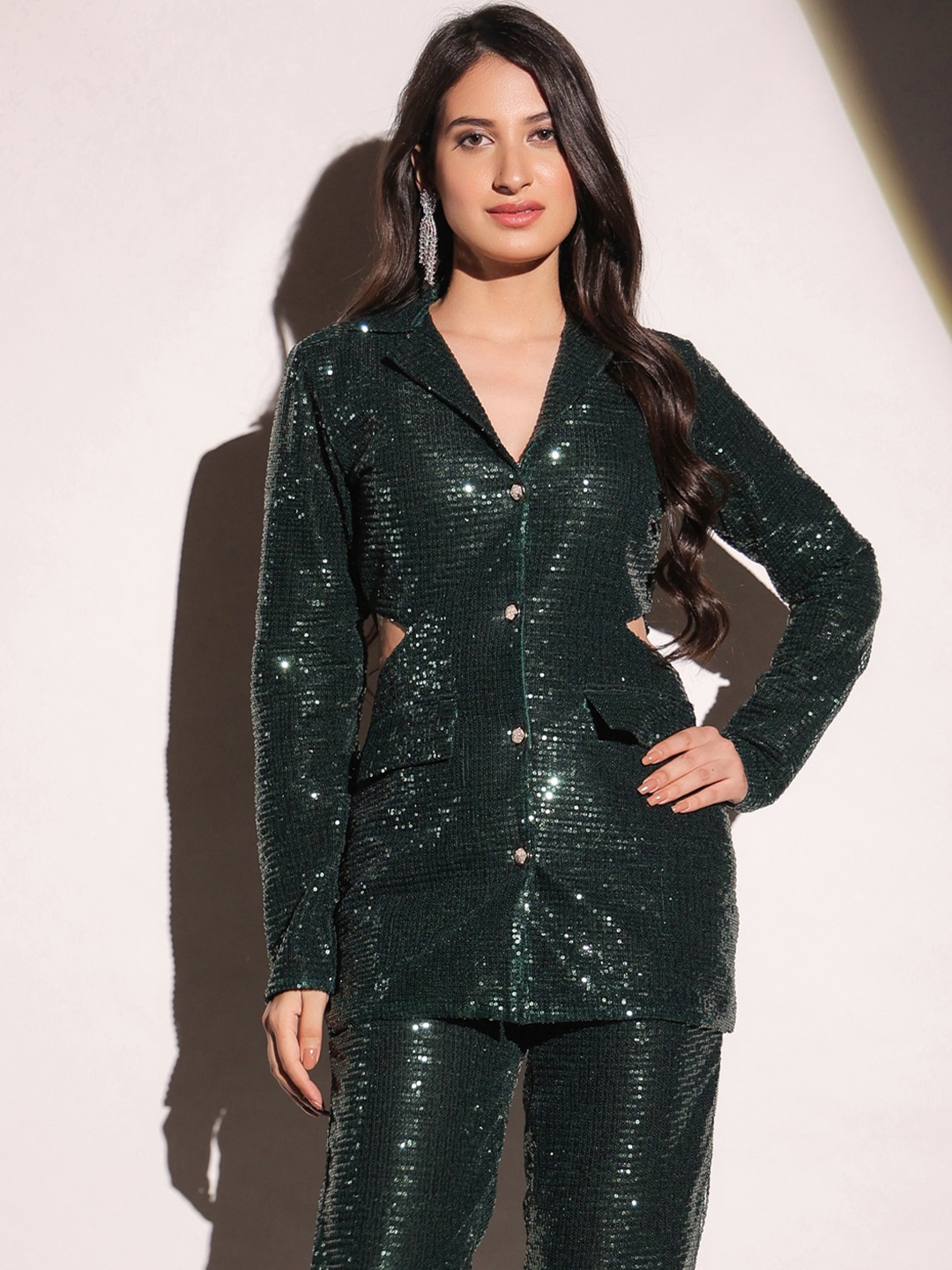 

B'Infinite Sequin Embellished Cut-Out Single-Breasted Party Blazer, Green