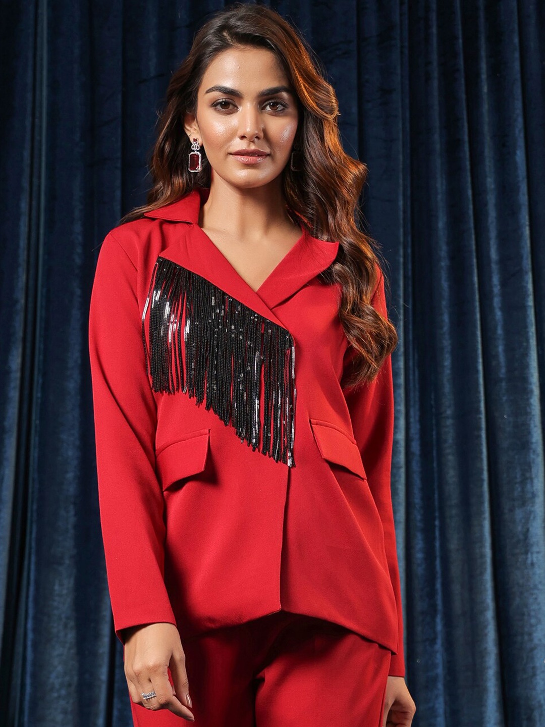 

B'Infinite Tailored Fit Tassel Single-Breasted Party Blazer, Red