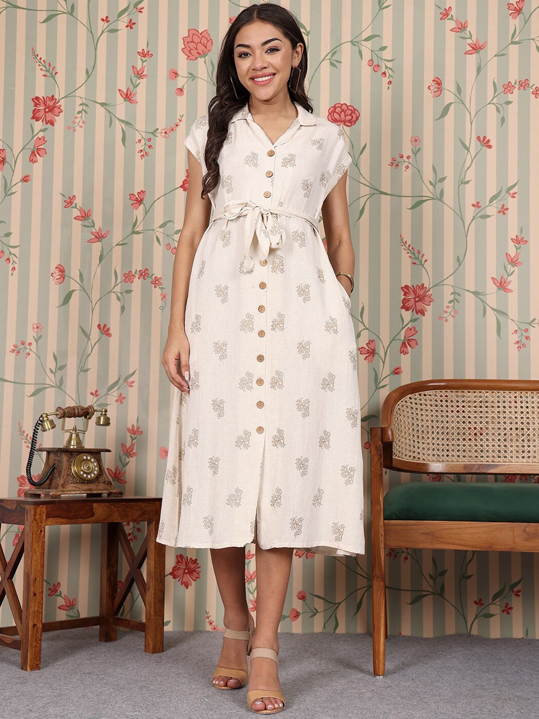 

Ode by House of Pataudi Floral Printed Shirt Collar Cotton Linen Fit & Flare Midi Dress, Off white