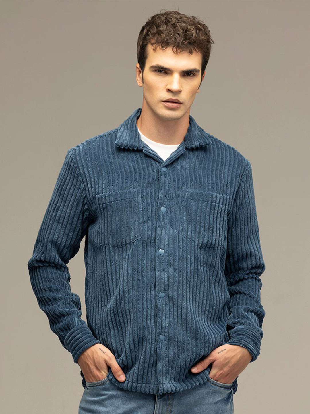 

Snitch Blue Classic Self Design Shacket