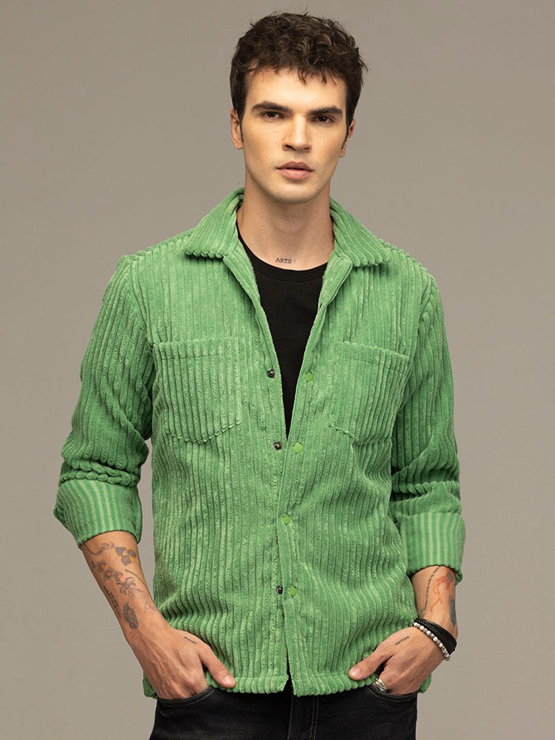 

Snitch Green Classic Self Design Shacket