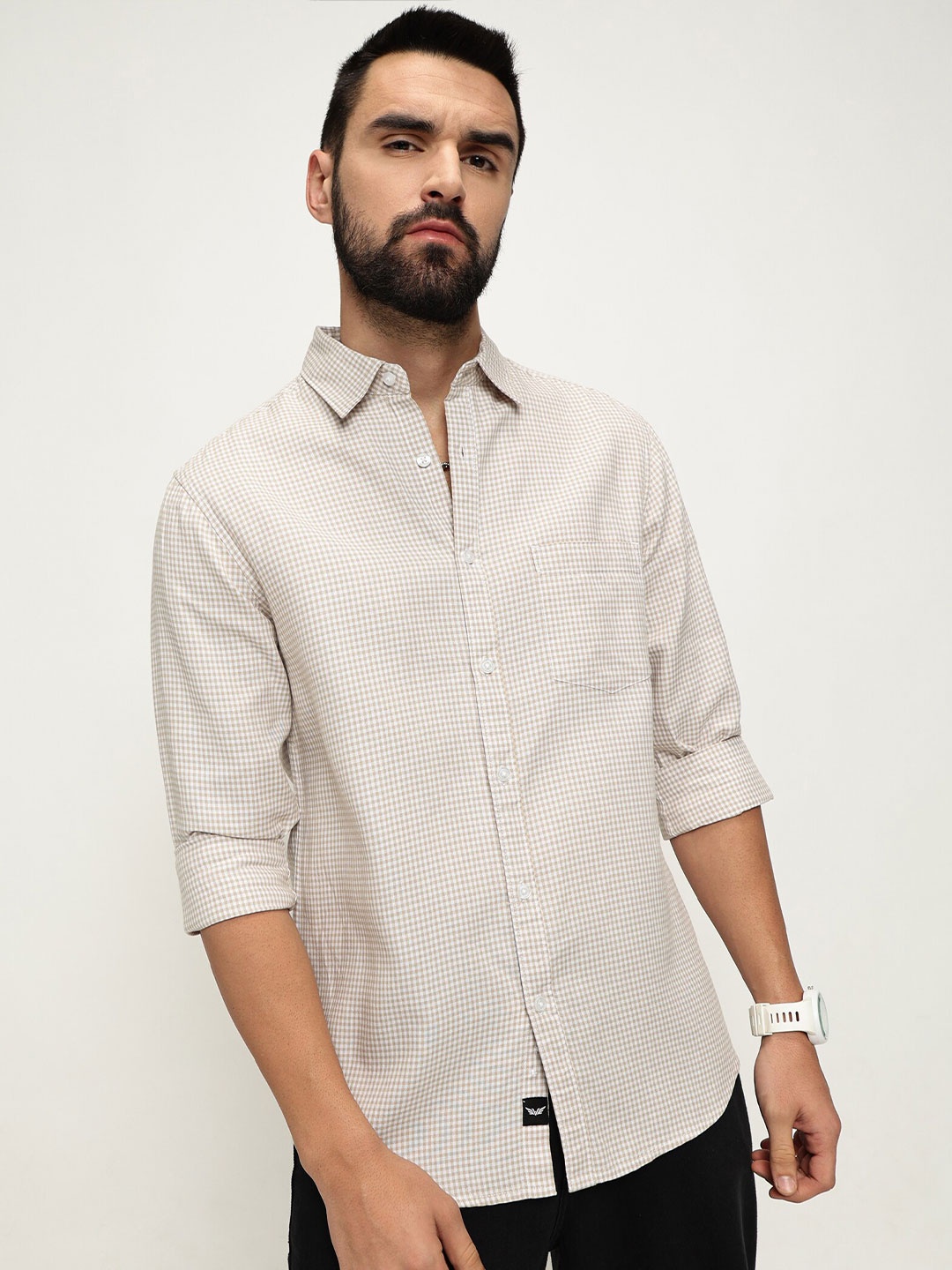 

VALEN CLUB Men Slim Fit Checked Casual Shirt, Beige